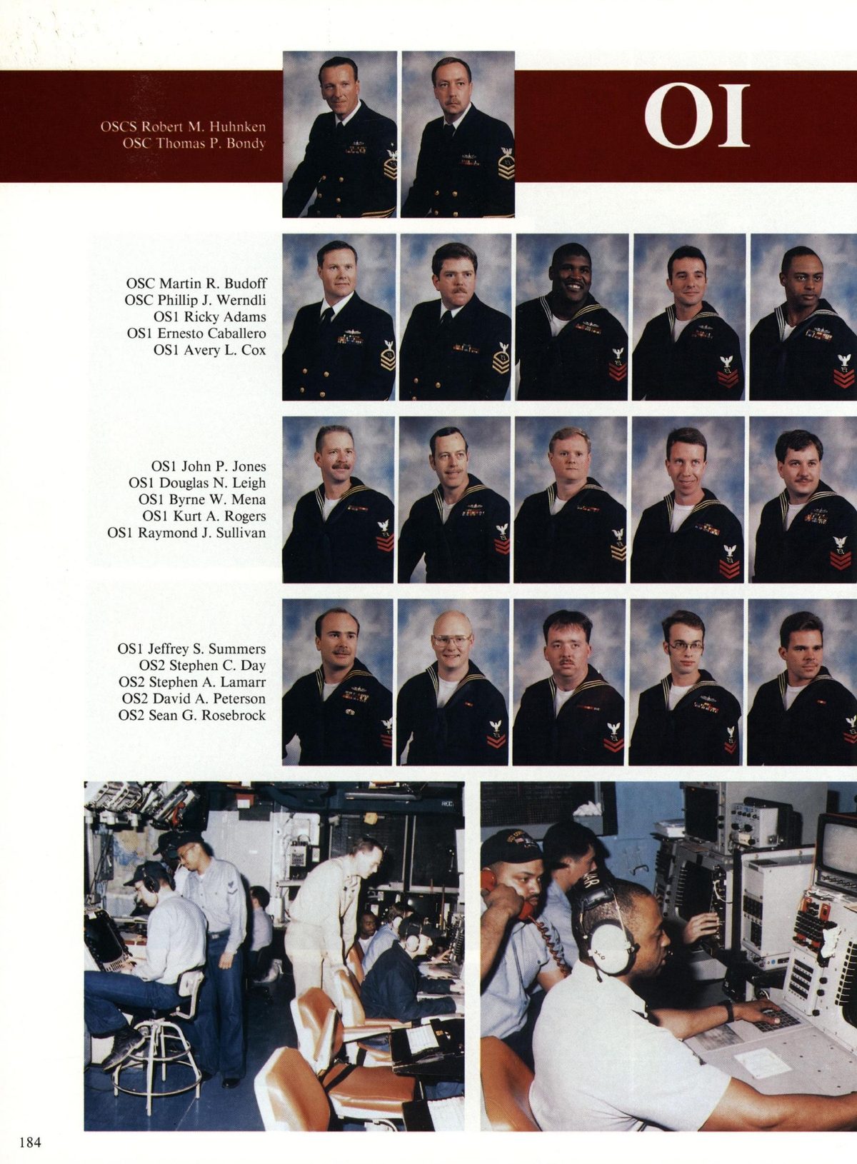 USS Constellation 1994–95 cruise book, page 170 (Ship's Company) — SCS Robert M. Huhnken OSC Thomas P. Bondy OSC Martin R. Budoff OSC Phillip J. Werndli OS1…