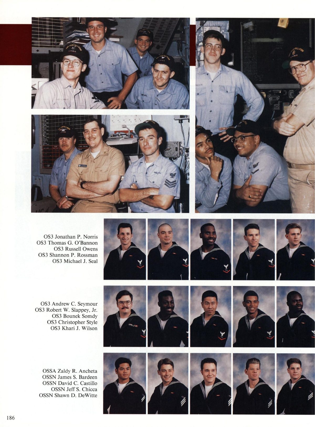 USS Constellation 1994–95 cruise book, page 172 (Ship's Company) — OS3 Jonathan P. Norris Thomas G. O’Bannon OS3 Russell O 3 Andrew C. Seymour OS3 Robert W…