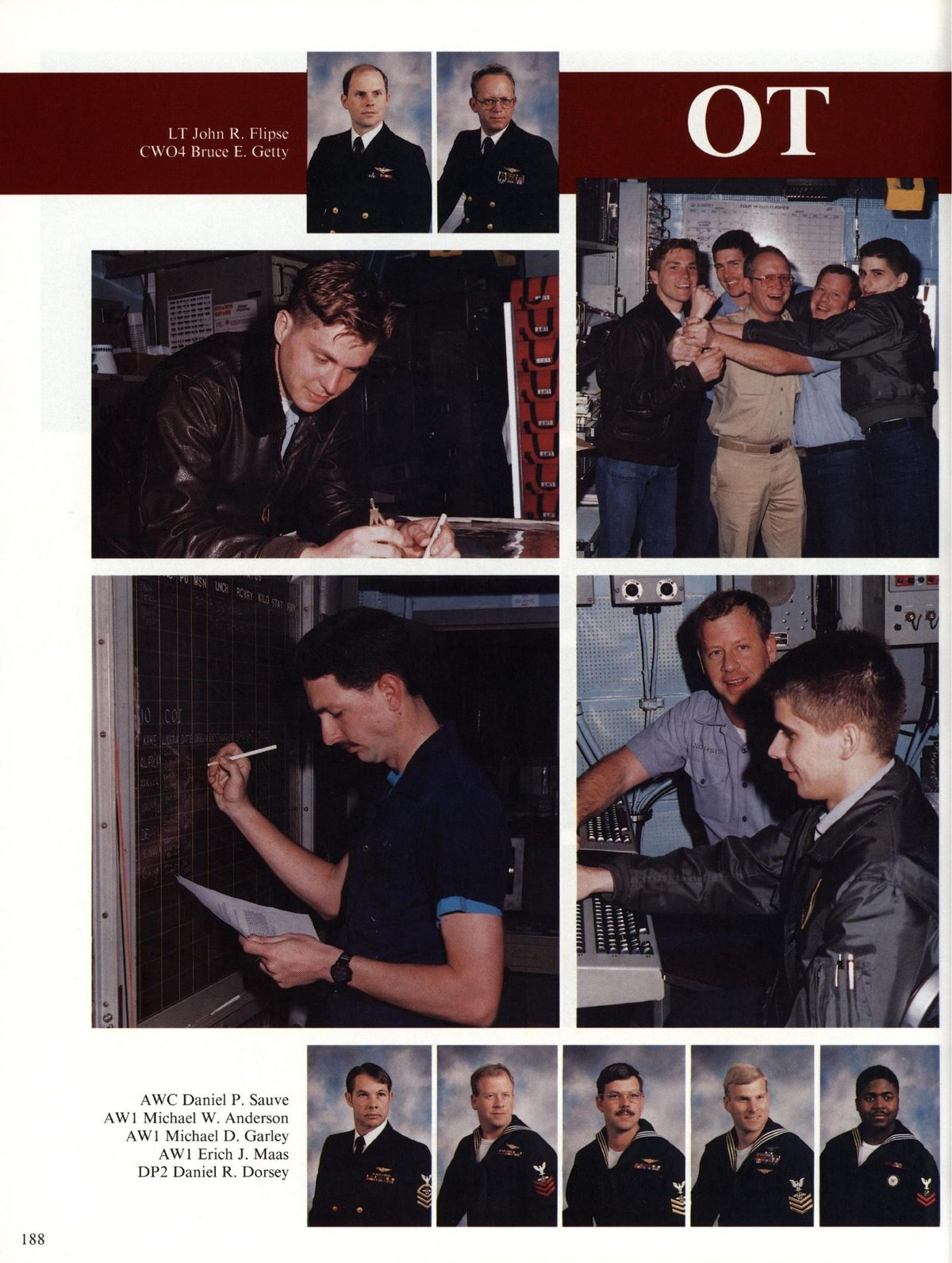 USS Constellation 1994–95 cruise book, page 174 (Ship's Company) — LT John R. Flipse CWO04 Bruce E. Getty AWC Daniel P. Sauve AW1 Michael W. Anderson AWI Michi…