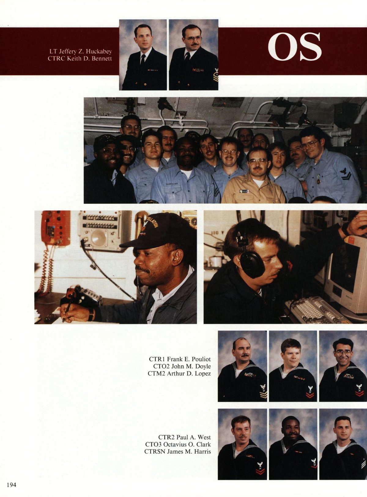 USS Constellation 1994–95 cruise book, page 180 (Ship's Company) — LT Jeffery Z. Huckabey CTRC keith D. Bennett CTRI Frank E. Pouliot CTO2 John M. Doyle CTM2…