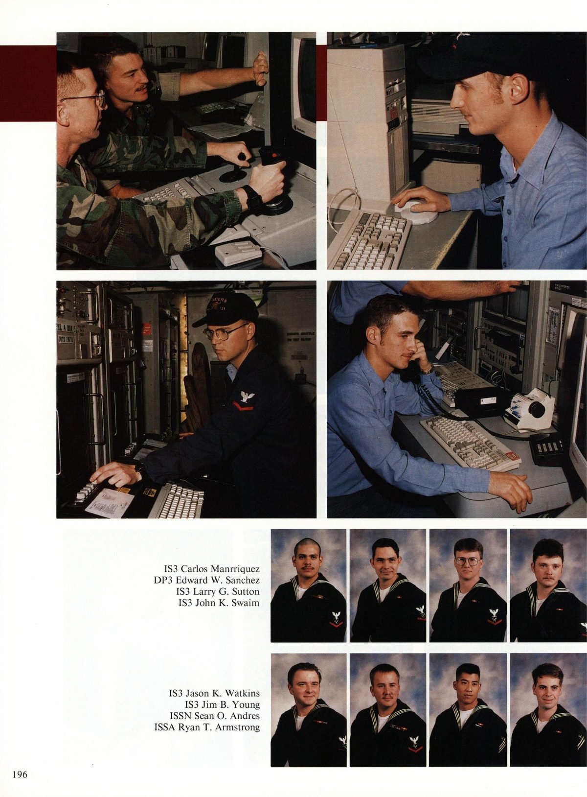USS Constellation 1994–95 cruise book, page 182 (Ship's Company) — IS3 Carlos Manrriquez DP3 Edward W. Sanchez IS3 Lar Sutton 1S3 John K. Swaim IS3 Jason K. W…