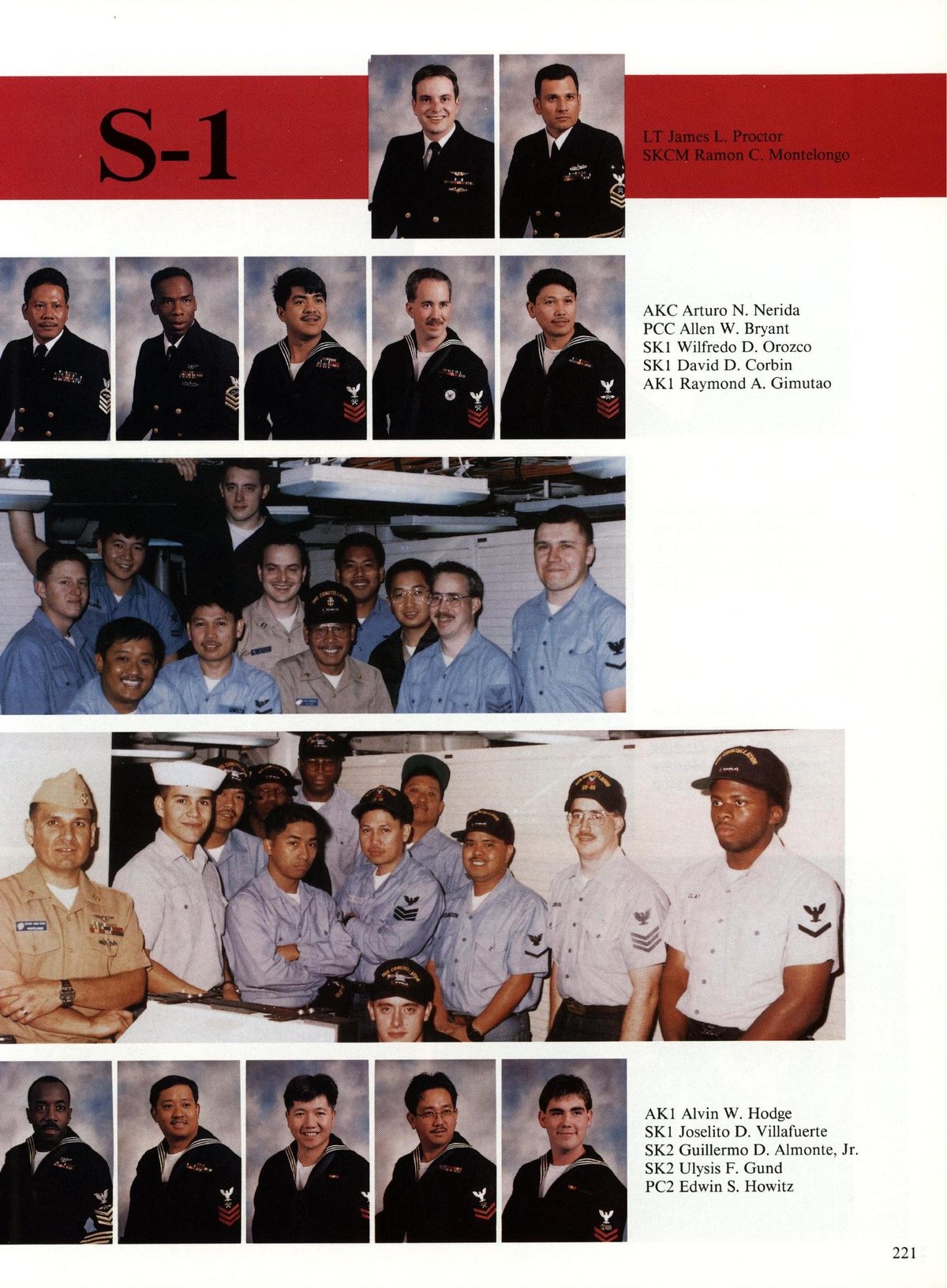 USS Constellation 1994–95 cruise book, page 203 (Ship's Company) — LT James L. Proctor SKCM Ramon C. Montelongo AKC Arturo N. Nerida PCC Allen W. Bryant SKI…