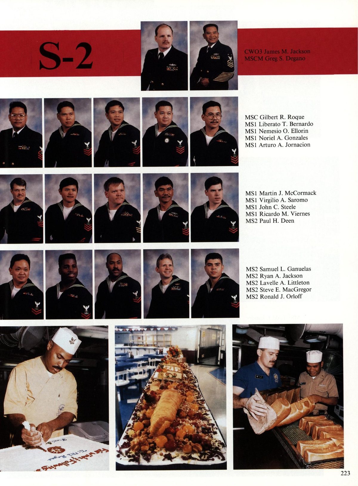 USS Constellation 1994–95 cruise book, page 205 (Ship's Company) — CWO3 James M. Jackson. _MSCM Greg S. Degano MSC Gilbert R. Roque MSI Liberato T. Bernardo…