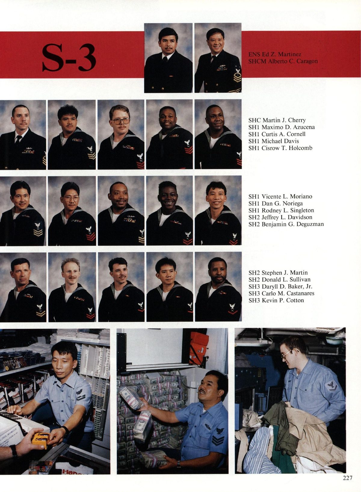 USS Constellation 1994–95 cruise book, page 209 (Ship's Company) — ENS Ed Z. Martinez SHCM Alberto C. Caragon SHC Martin J. Cherry SHI Maximo D. Azucena SHI…