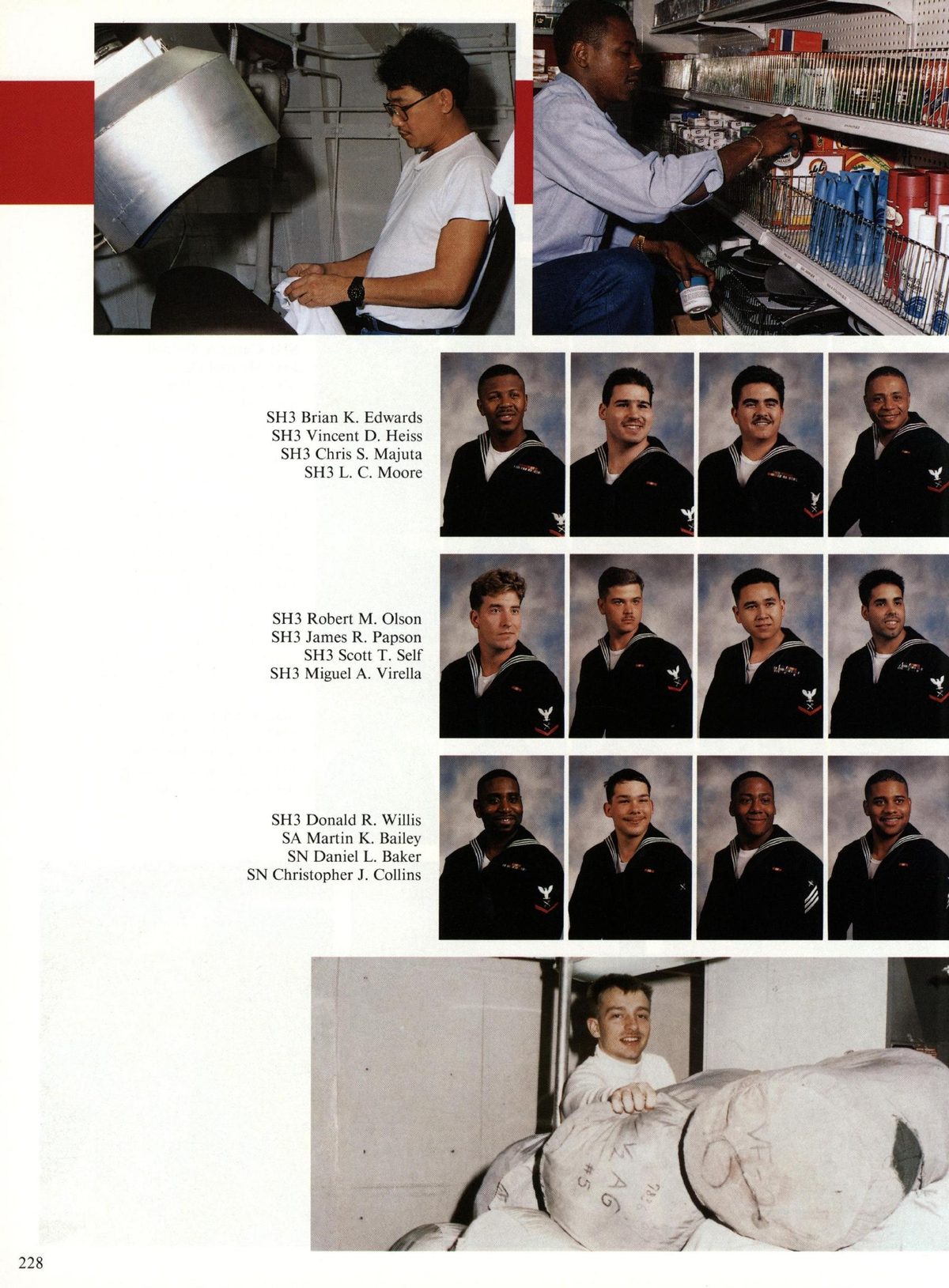 USS Constellation 1994–95 cruise book, page 210 (Ship's Company) — SH3 Brian K. Edwards SH3 Vincent D. Heiss SH3 Chris S. Majuta SH3 L. C. Moore SH3 Robert M…