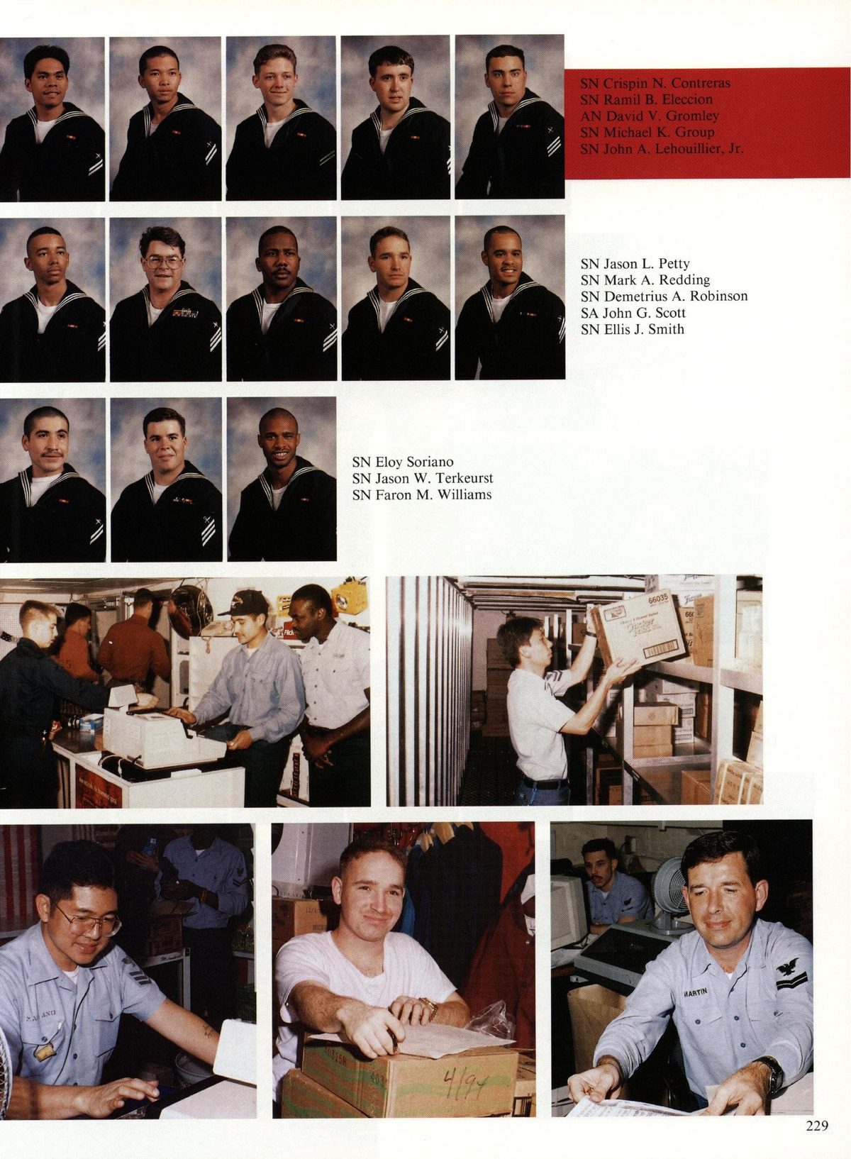 USS Constellation 1994–95 cruise book, page 211 (Ship's Company) — SN Crispin N. Contreras SN Ramil B. Eleccion AN David V. Gromley SN Michael K. Group SN John…
