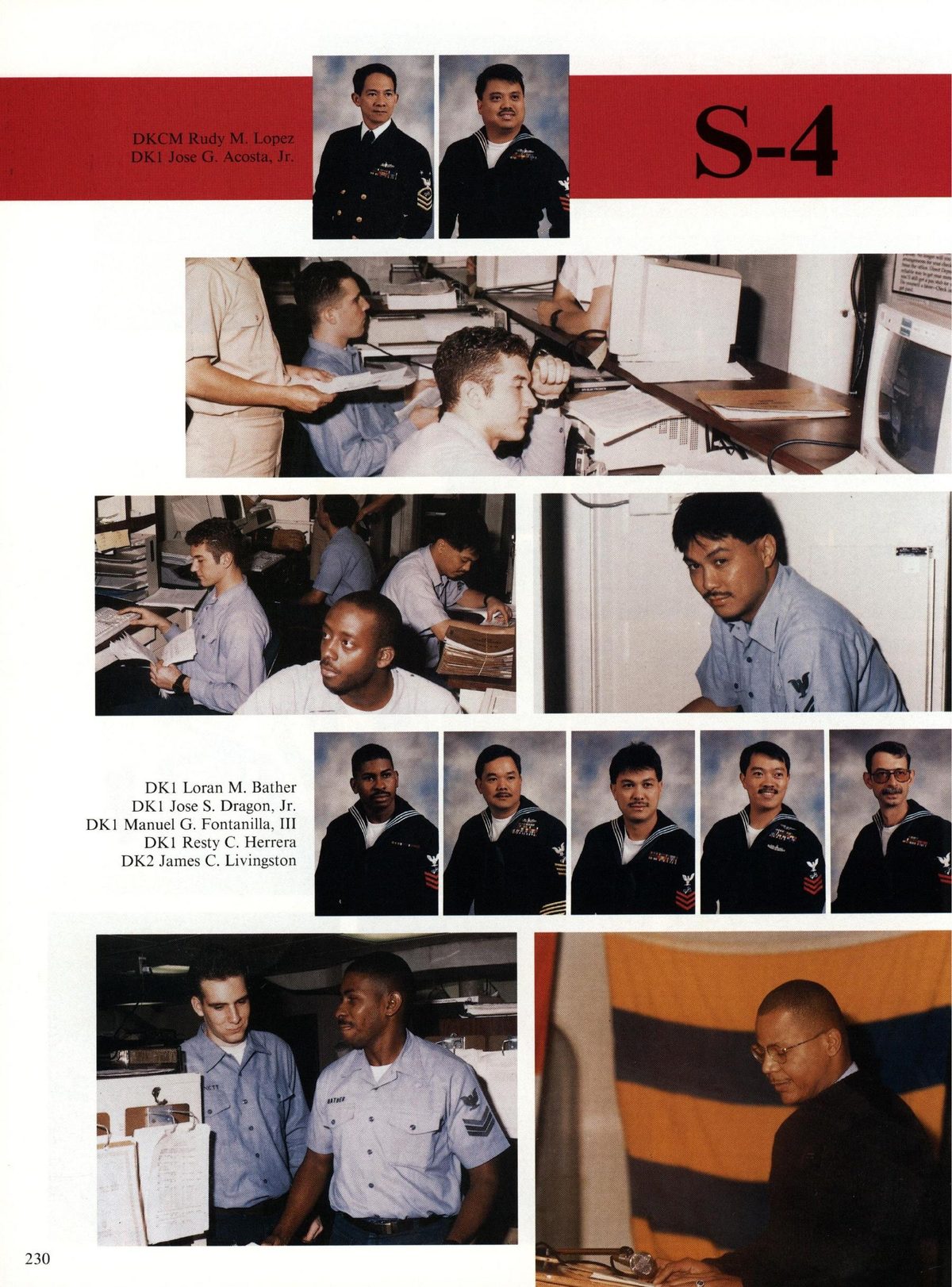 USS Constellation 1994–95 cruise book, page 212 (Ship's Company) — DKCM Rudy M. Lopez DK1 Jose G. Acosta, Jr. DK1 Loran M. Bather DK1 Jose S. Dragon, Jr. DK1…