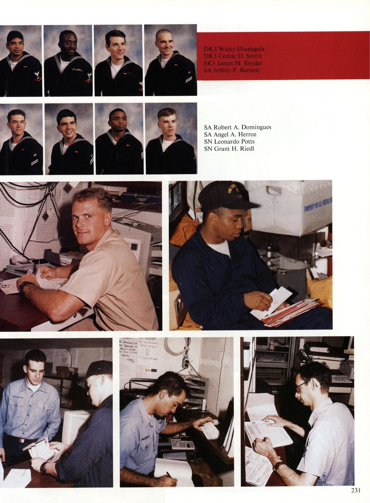 USS Constellation 1994–95 cruise book, page 213 (Ship's Company) — DK3 Wicky Diunugala DK3 Cedric D. Smith SK3 James M. Snyder SA Jeffrey P. Barnett SA Robert A…