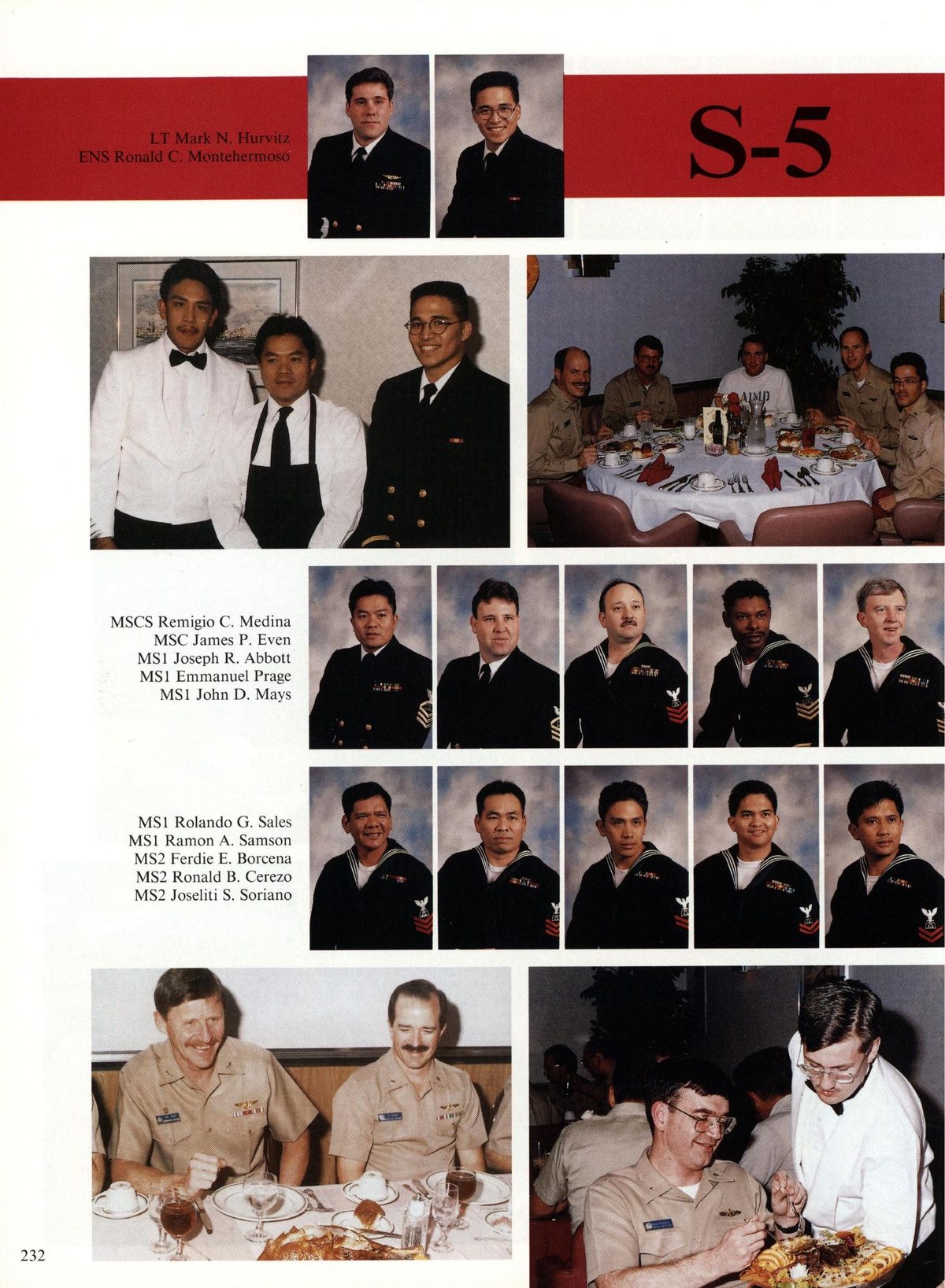 USS Constellation 1994–95 cruise book, page 214 (Ship's Company) — LT Mark N. Hurvitz ENS Ronald C. Montehermoso: MSCS Remigio C. Medina MSC James P. Even MSI…