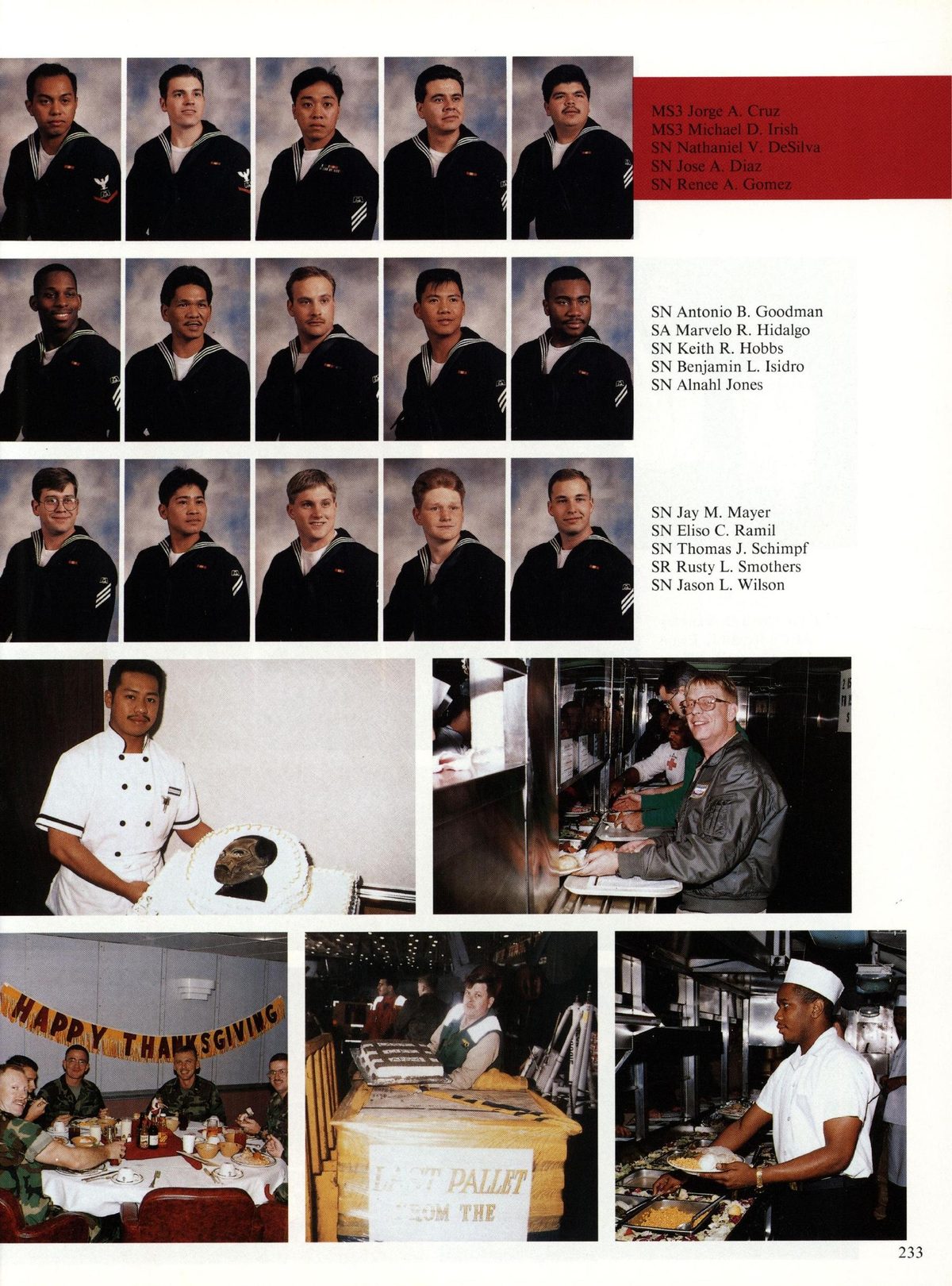 USS Constellation 1994–95 cruise book, page 215 (Ship's Company) — MS3 Jorge A, Cruz MS3 Michael D. Irish SN Nathaniel V. DeSilva SN Jose A. Diaz SN Renee A…