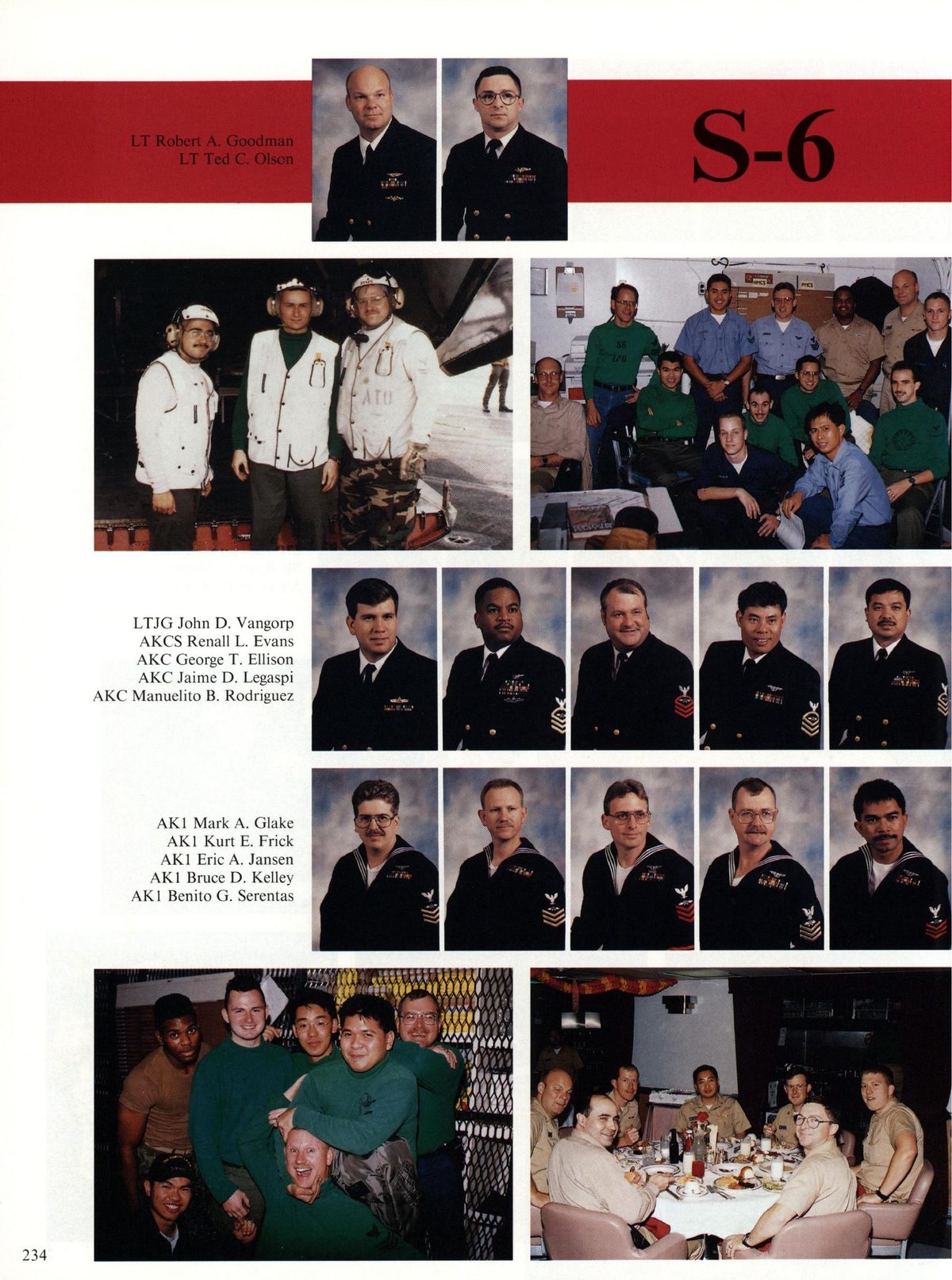 USS Constellation 1994–95 cruise book, page 216 (Ship's Company) — LTJG John D. Vangorp all L. Evans AKC Manuelito B. Rodriguez…