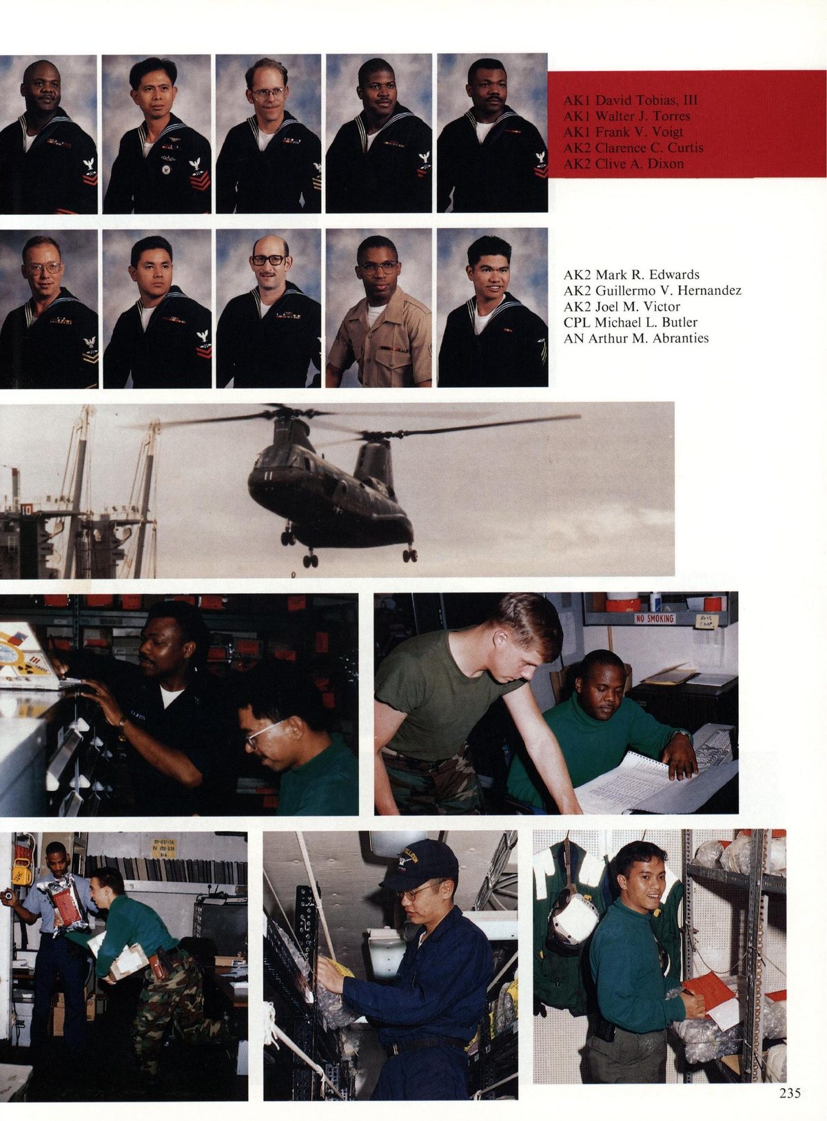 USS Constellation 1994–95 cruise book, page 217 (Ship's Company) — AKI David Tobias, III AKI Walter J. Torres AKI Frank V. Voigt AK2 Clarence C. Curtis AK2 Clive…