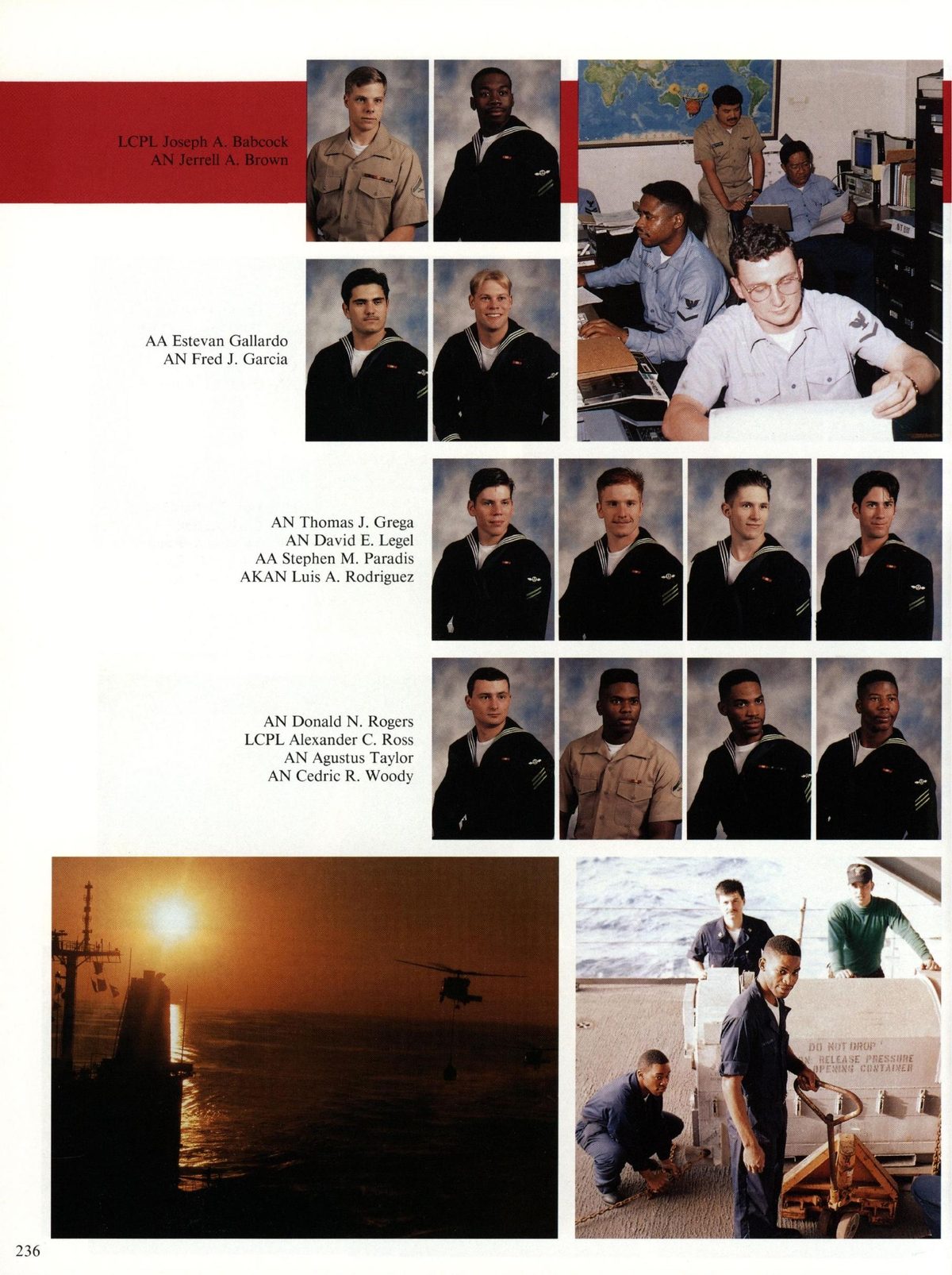 USS Constellation 1994–95 cruise book, page 218 (Ship's Company) — AA Estevan Gallardo AN Fred J. Garcia AN Thomas J. Grega AN David E. Legel AA Stephen M…