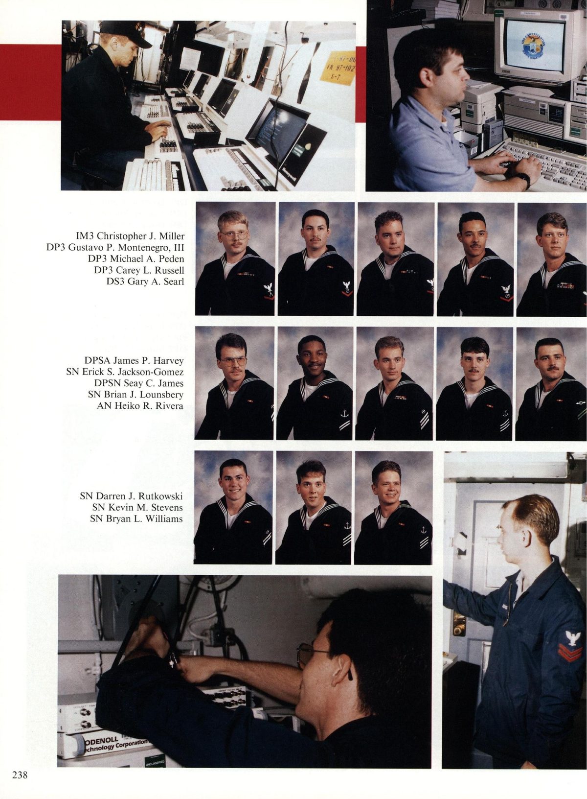 USS Constellation 1994–95 cruise book, page 220 (Ship's Company) — IM3 Christopher J. Miller DP3 Gustavo P. Montenegro, III DP3 Michael A. Peden DP3 Carey L…