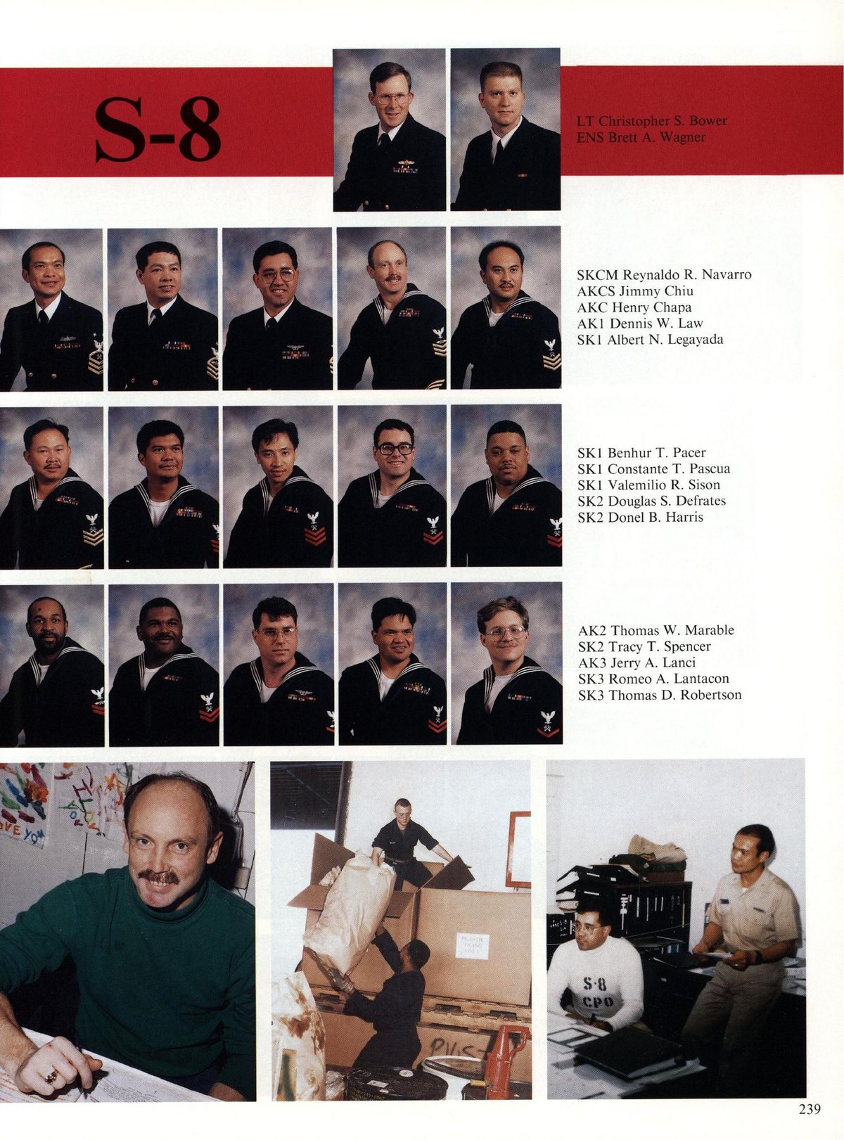 USS Constellation 1994–95 cruise book, page 221 (Ship's Company) — LT Christopher S. Bower ENS Brett A. Wagner SKCM Reynaldo R. Navarro AKCS Jimmy Chiu AKC Henry…