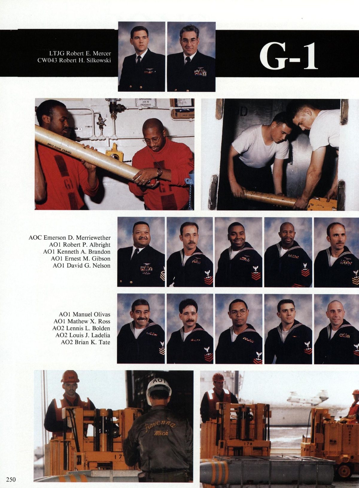USS Constellation 1994–95 cruise book, page 230 (Ship's Company) — LTJG Robert E. Mercer CW043 Robert H. Silkowski AOC Emerson D. Merriewether AOI Robert P…