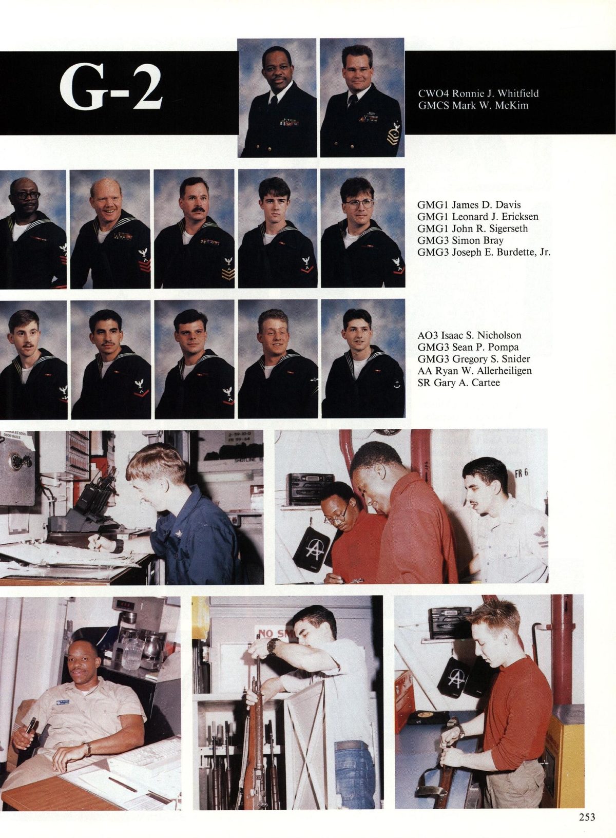 USS Constellation 1994–95 cruise book, page 233 (Ship's Company) — CWO04 Ronnie J. Whitfield GMCS Mark W. McKim GMGI James D. Davis GMGI Leonard J. Ericksen GMGI…