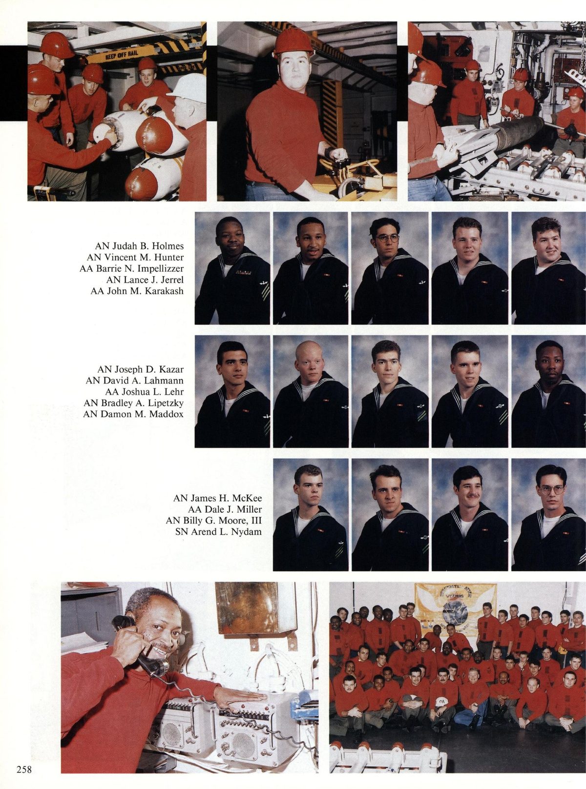 USS Constellation 1994–95 cruise book, page 238 (Ship's Company) — AN Judah B. Holmes AN Vincent M. Hunter AA Barrie N. Impellizzer AN Lance J. Jerrel AA John M…