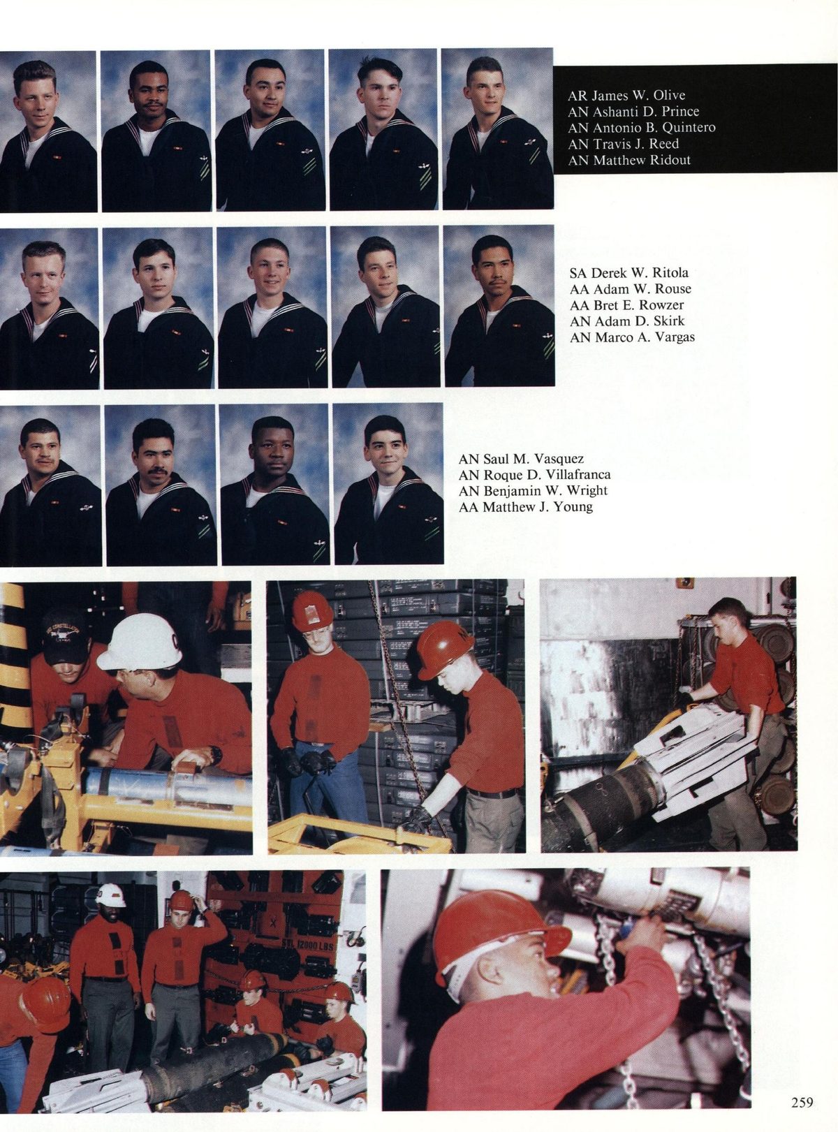 USS Constellation 1994–95 cruise book, page 239 (Ship's Company) — AR James W. Olive AN Ashanti D. Prince AN Antonio B. Quintero AN Travis J. Reed AN Matthew…
