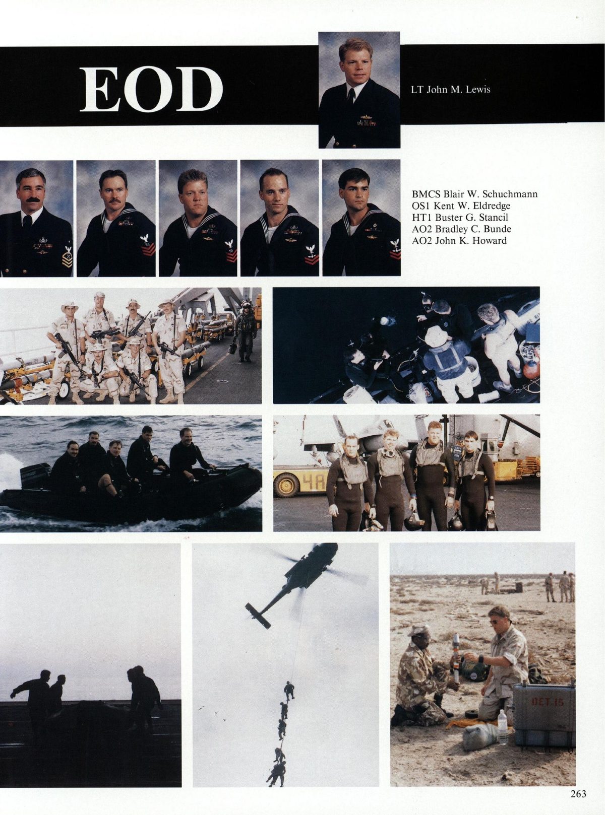 USS Constellation 1994–95 cruise book, page 243 (Ship's Company) — T John M. Lewis BMCS Blair W. Schuchmann OS1 Kent W. Eldredge HT1 Buster G. Stancil AO?…
