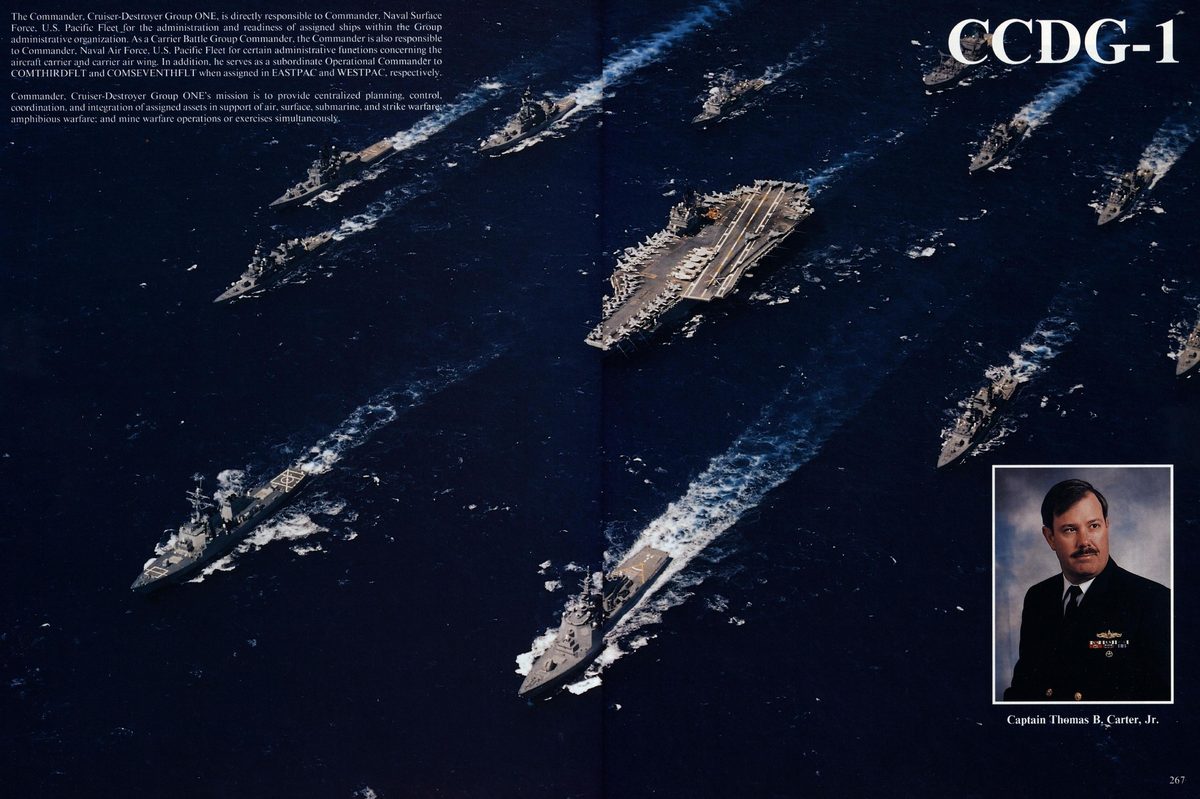 USS Constellation 1994–95 cruise book, page 246 (Cruiser-Destroyer Group & DESRON) — The Commander, Cruiser-Destroyer Group ONE, is directly responsible to Commander, Naval…