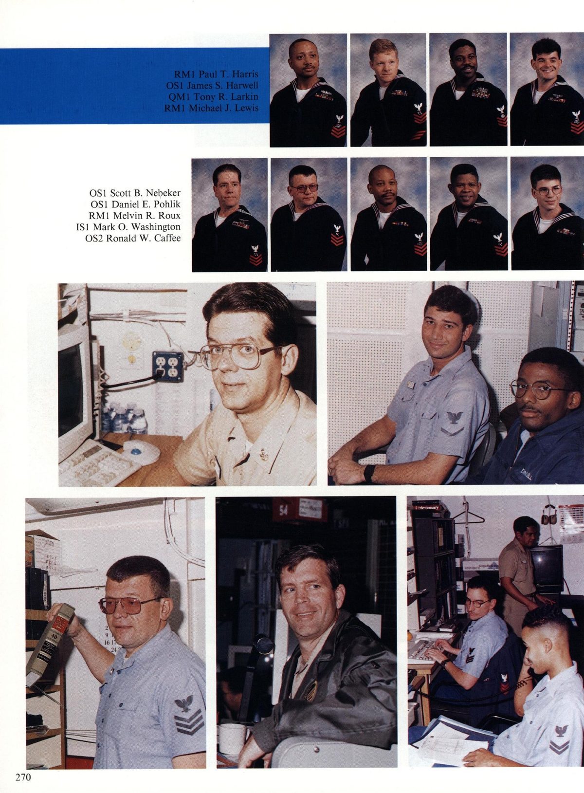 USS Constellation 1994–95 cruise book, page 249 (Cruiser-Destroyer Group & DESRON) — OS1 Scott B. Nebeker FF OS1 Daniel E. Pohlik RMI Melvin RR. Roux | IS1 Mark O. Washington OS2…