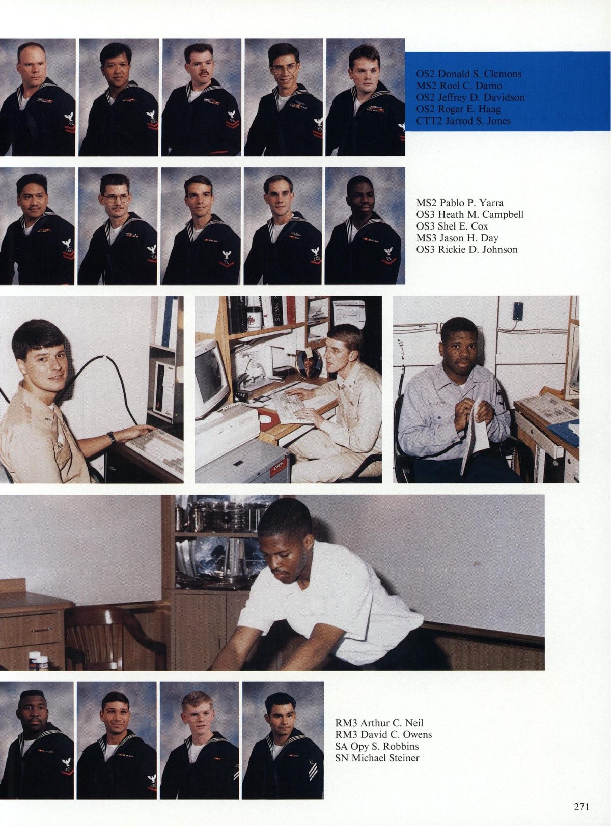 USS Constellation 1994–95 cruise book, page 250 (Cruiser-Destroyer Group & DESRON) — OS2 Donald S. Clemons MS? Roel C. Damo OS2 Jeffrey D. Davidson OS2 Roger E. Haag CTT2 Jarrod…