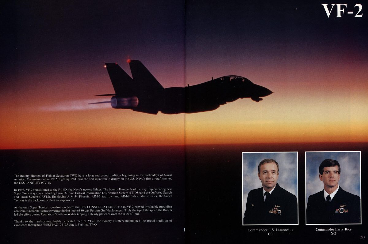 USS Constellation 1994–95 cruise book, page 266 (Carrier Air Wing Two (CVW-2)) — The Bounty Hunters of Fighter Squadron TWO have a long and proud tradition beginning in the…