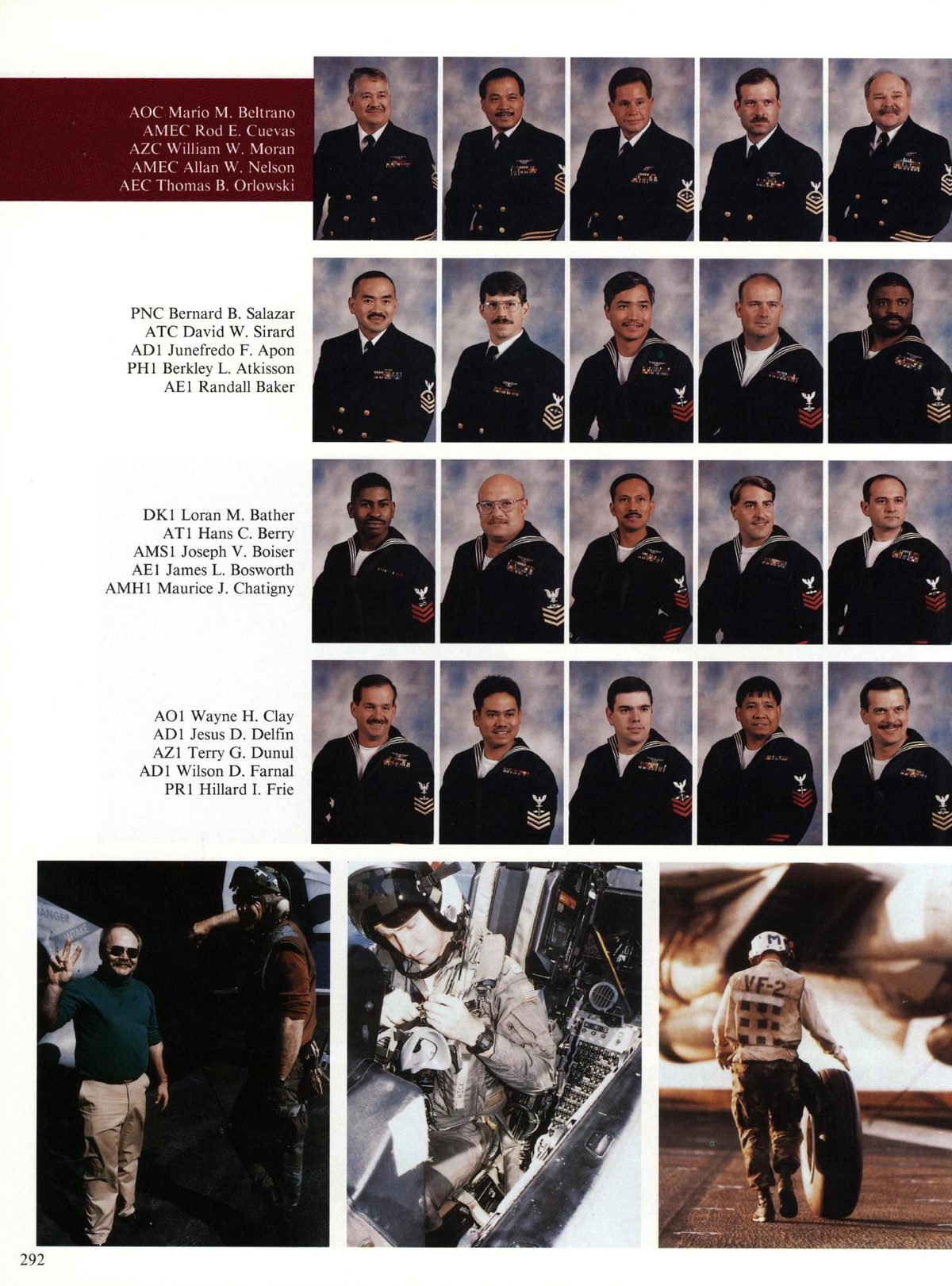 USS Constellation 1994–95 cruise book, page 269 (Carrier Air Wing Two (CVW-2)) — AOC Mario M. Beltrano AMEC Rod E. Cuevas AZC William W. Moran AMEC Allan W. Nelson AEC Thomas…