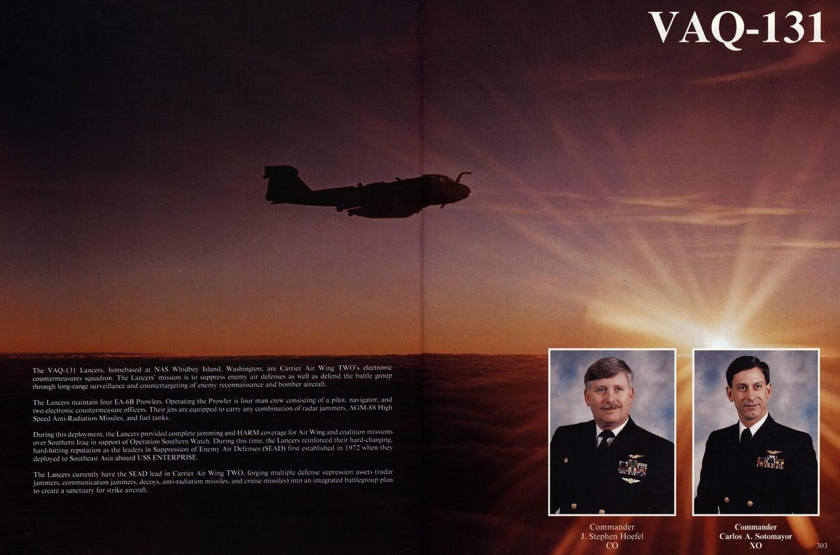 USS Constellation 1994–95 cruise book, page 279 (Carrier Air Wing Two (CVW-2)) — VAQ-131 ington, are Carrier Air Wing TWO’s electronic air defenses as well as defend the…
