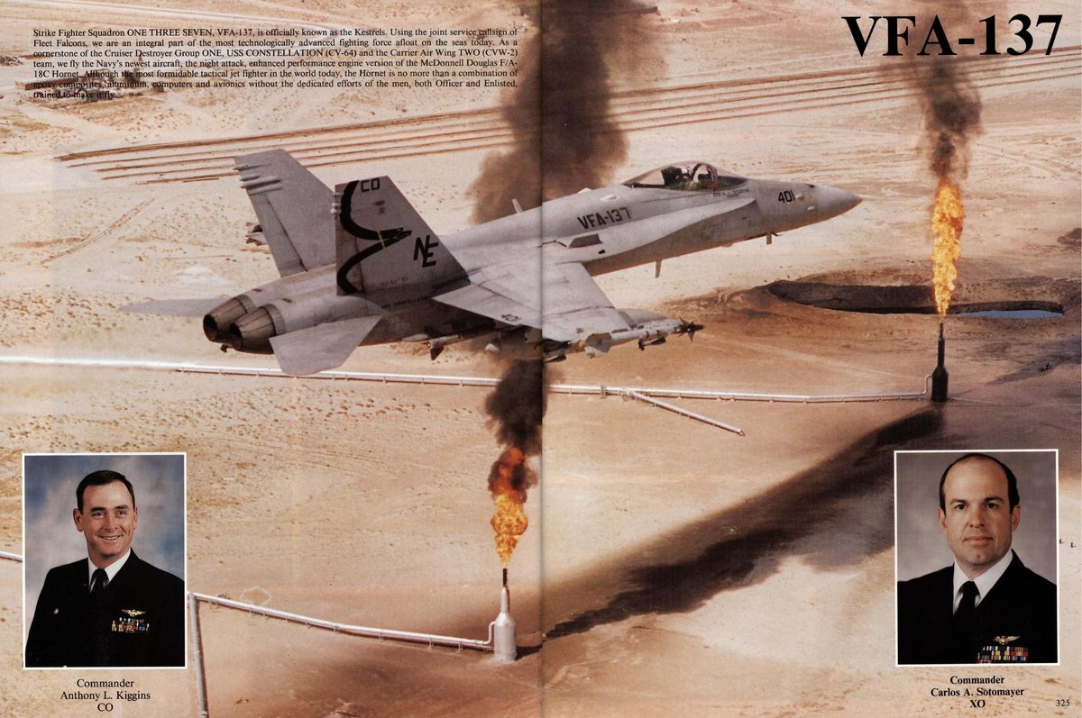 USS Constellation 1994–95 cruise book, page 299 (Carrier Air Wing Two (CVW-2)) — Strike Fighter Squadron ONE THREE SEVEN, VFA-137, is officially known as the Kestrels. Using…