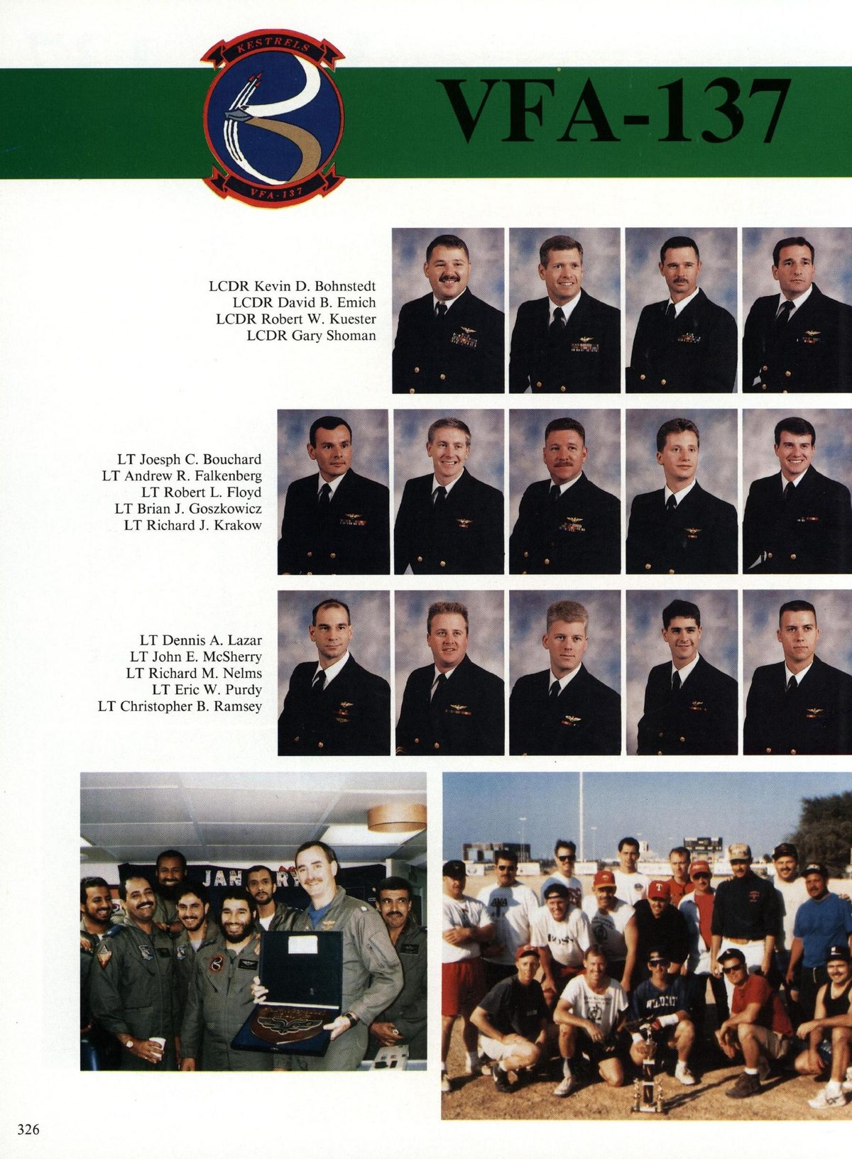 USS Constellation 1994–95 cruise book, page 300 (Carrier Air Wing Two (CVW-2)) — LCDR Kevin D. Bohnstedt LCDR David B. Emich LCDR Robert W. Kuester LCDR Gary Shoman LT Joesph…