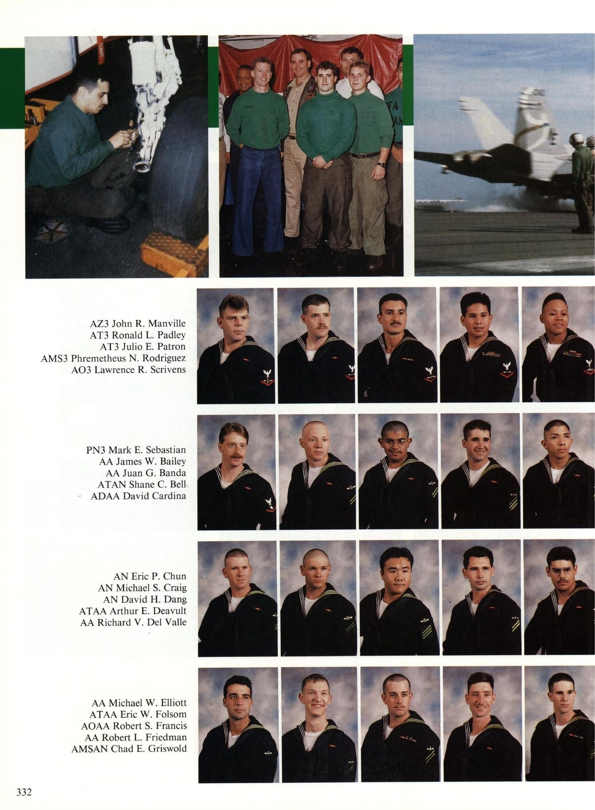 USS Constellation 1994–95 cruise book, page 306 (Carrier Air Wing Two (CVW-2)) — AZ3 John R. Manville AT3 Ronald L. Padley AT3 Julio E. Patron AMS3 Phremetheus N. Rodriguez…
