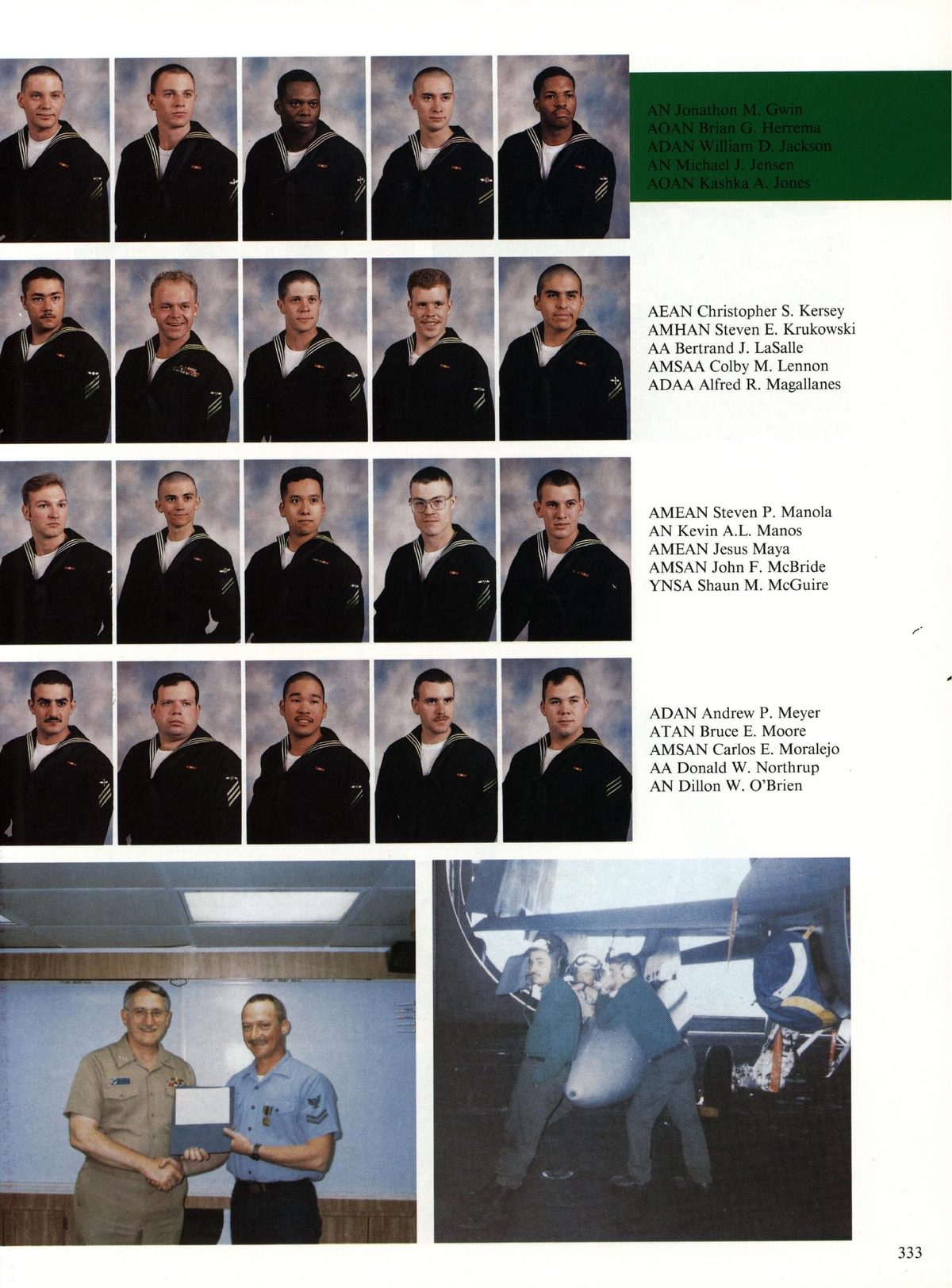 USS Constellation 1994–95 cruise book, page 307 (Carrier Air Wing Two (CVW-2)) — AEAN Christopher S. Kers AMHAN Steven E. Krukows AA Bertrand J. LaSalle AMSAA Colby M. Lennon…