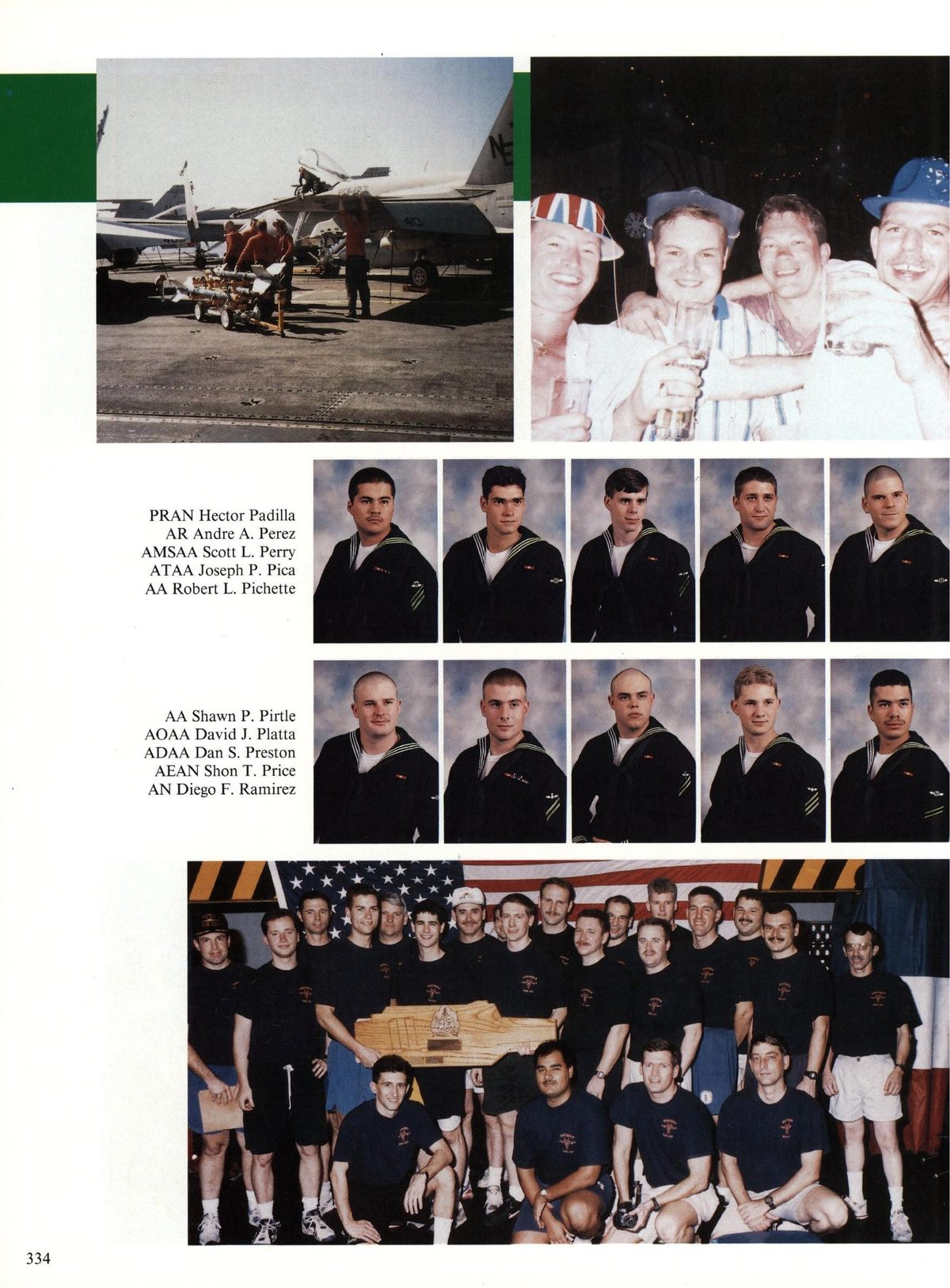 USS Constellation 1994–95 cruise book, page 308 (Carrier Air Wing Two (CVW-2)) — PRAN Hector Padilla AR Andre A. Perez AMSAA Scott L. Perry ATAA Joseph P. Pica AA Robert L…