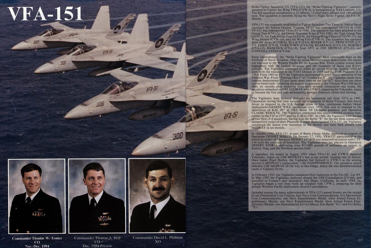 USS Constellation 1994–95 cruise book, page 310 (Carrier Air Wing Two (CVW-2)) — Strike Fighter Squadron 151 (VFA-151), the “Strike Fighting Vigila currently attached to…