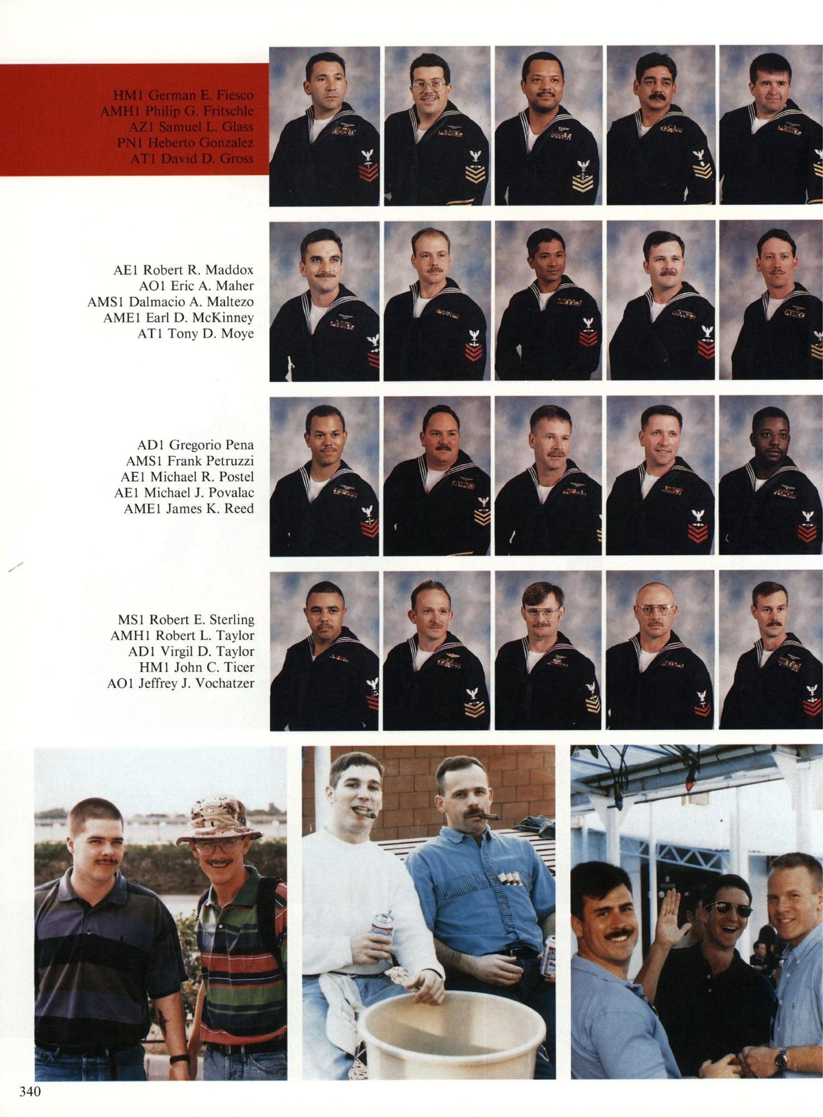 USS Constellation 1994–95 cruise book, page 313 (Carrier Air Wing Two (CVW-2)) — HMI German E. Fiesco AMHI Philip G. Fritschle AZ1 Samuel L. Glass PNI Heberto Gonzalez AT1…