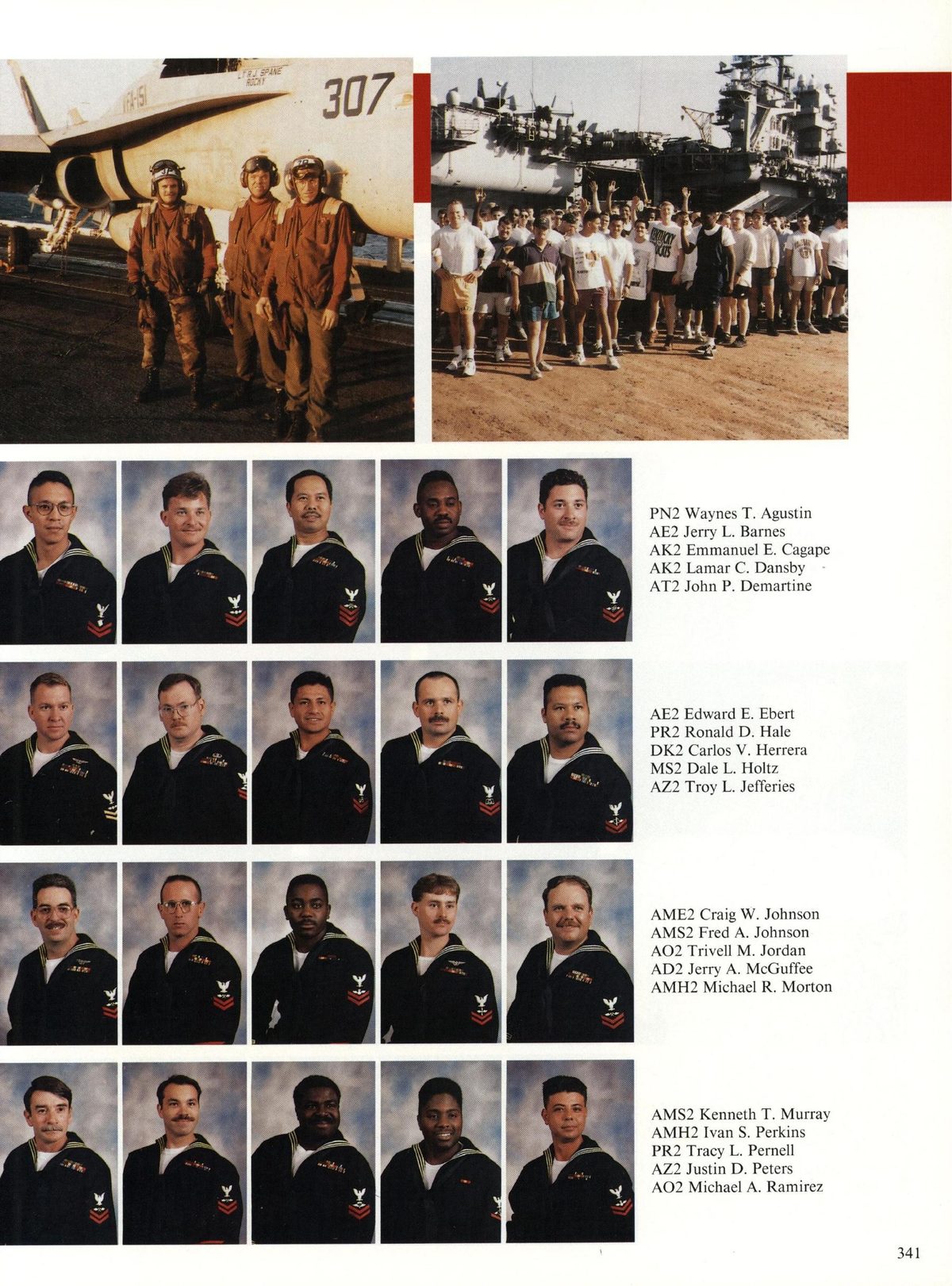 USS Constellation 1994–95 cruise book, page 314 (Carrier Air Wing Two (CVW-2)) — PN2 Waynes T. Agustin AE2 Jerry L. Barnes AK2 Emmanuel E. Cagape AK2 Lamar C. Dansby AT2 John…