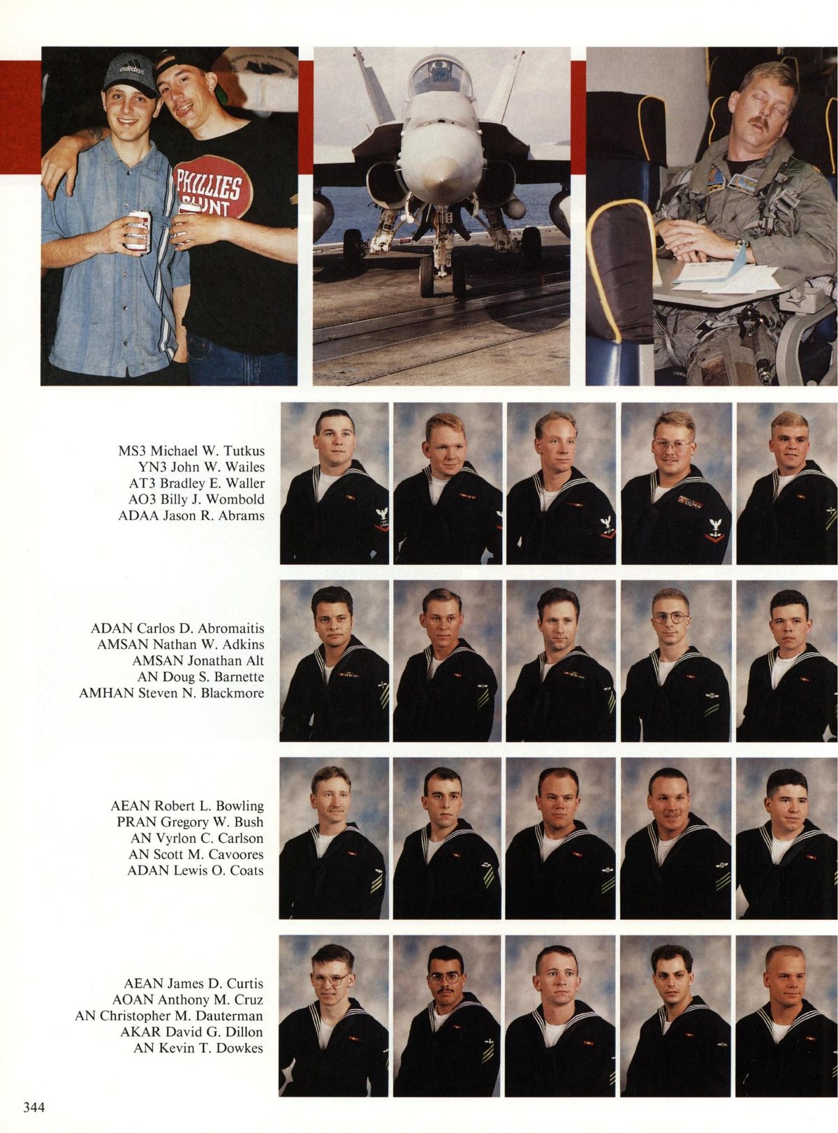 USS Constellation 1994–95 cruise book, page 317 (Carrier Air Wing Two (CVW-2)) — MS3 Michael W. Tutkus YN3 John W. Wailes AT3 Bradley E. Waller AO3 Billy J. Wombold ADAA Jason…
