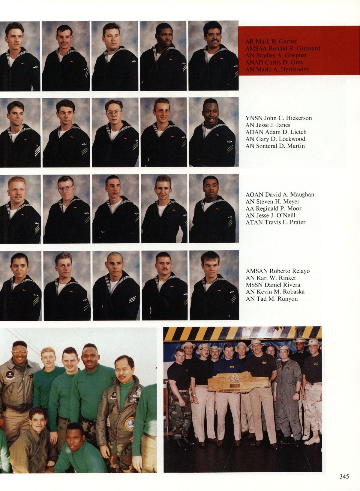 USS Constellation 1994–95 cruise book, page 318 (Carrier Air Wing Two (CVW-2)) — IN John C. Hickerson AN Gary D. Lockwood AN Sonteral D. Martin AOAN David A. Maughan AN Steven…