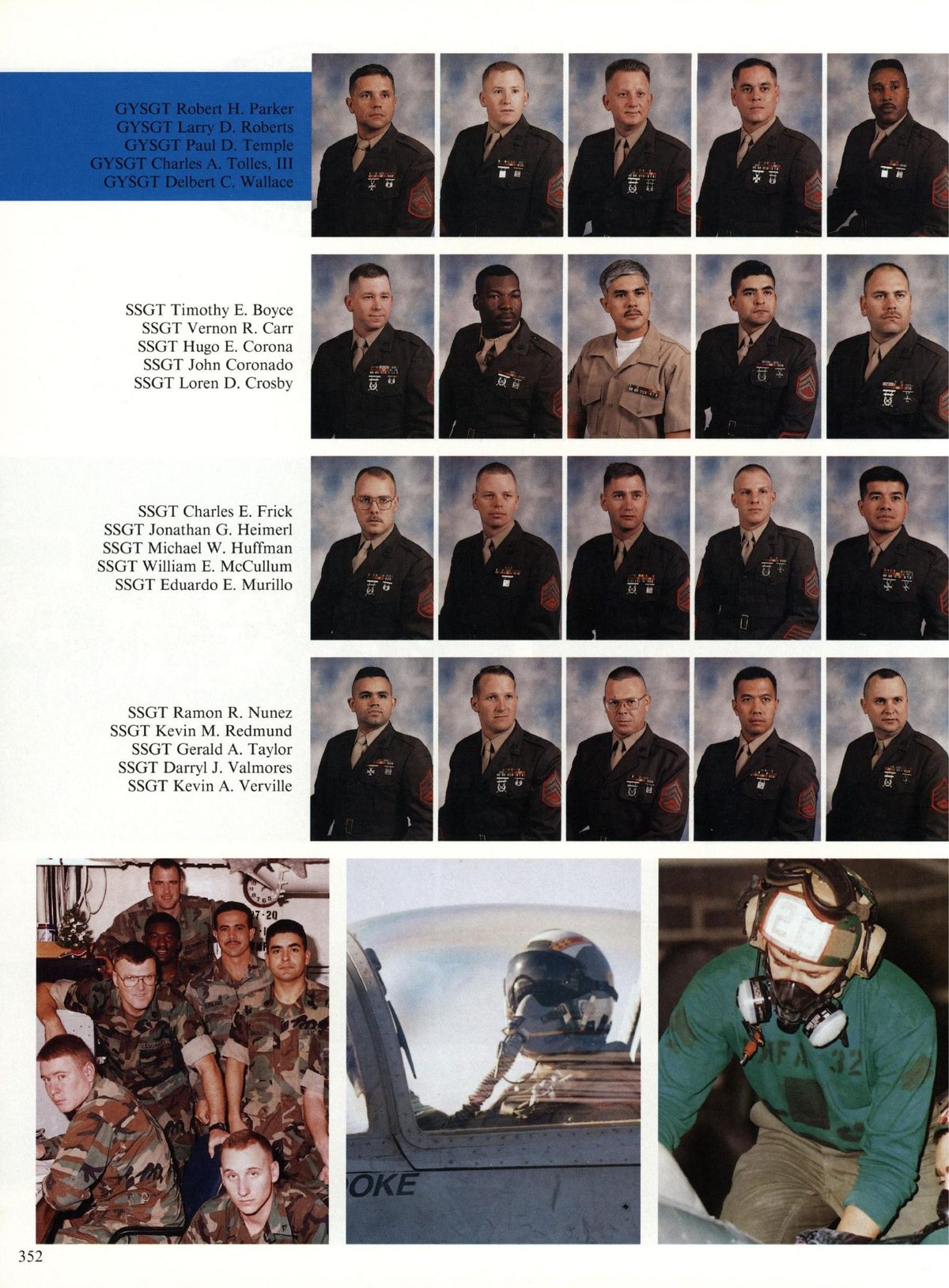 USS Constellation 1994–95 cruise book, page 324 (Carrier Air Wing Two (CVW-2)) — Hugo E. Corona 'T John Coronado Loren D. SSGT William E. McCullum SSGT Eduardo E. Murillo SSGT…