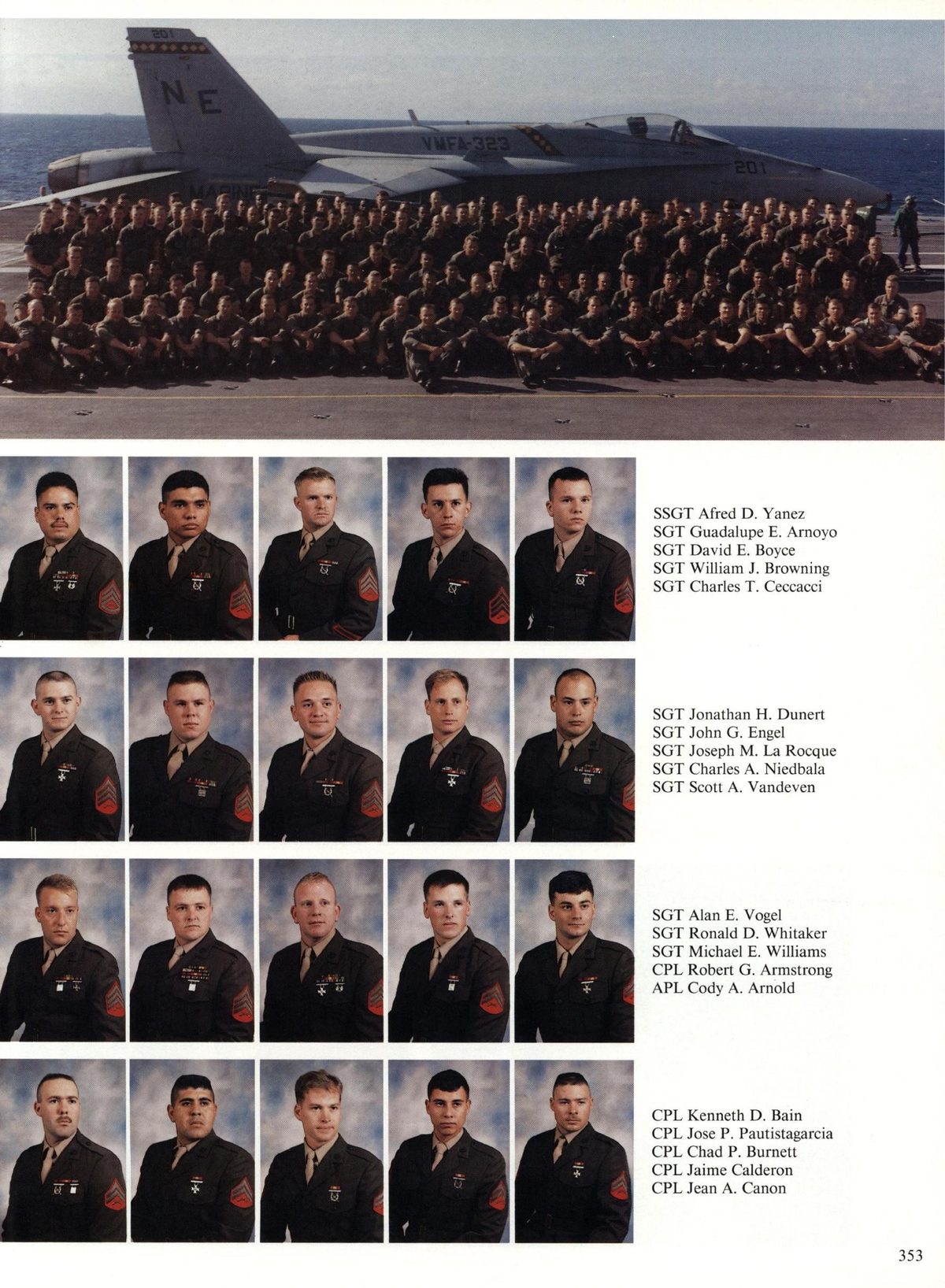 USS Constellation 1994–95 cruise book, page 325 (Carrier Air Wing Two (CVW-2)) — Ss ‘ x GT Afred D. Yanez suadalupe E. Arnoyo David E. Boyce SGT William J. Browning SGT…