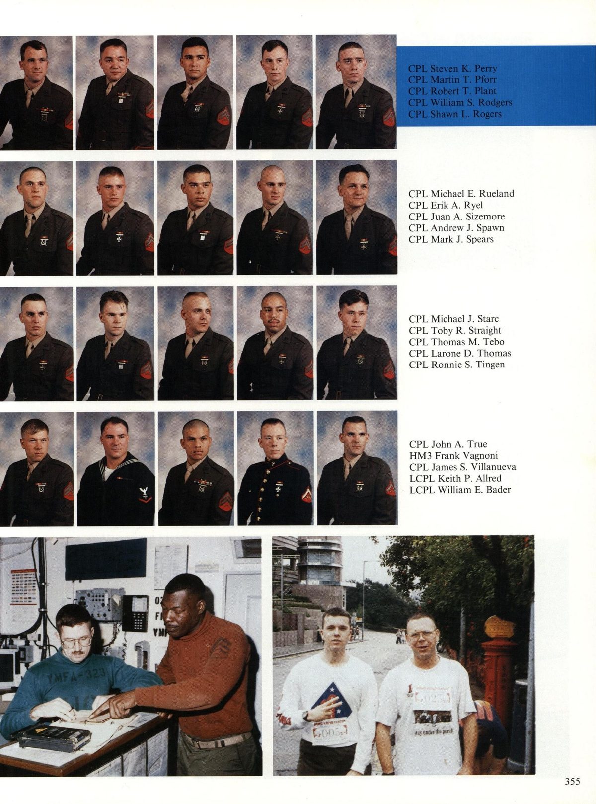 USS Constellation 1994–95 cruise book, page 327 (Carrier Air Wing Two (CVW-2)) — CPL Michael E, Rueland CPL Erik A. Ryel CPL Juan A. Sizemore CPL Andrew J. Spawn CPL Mark J…