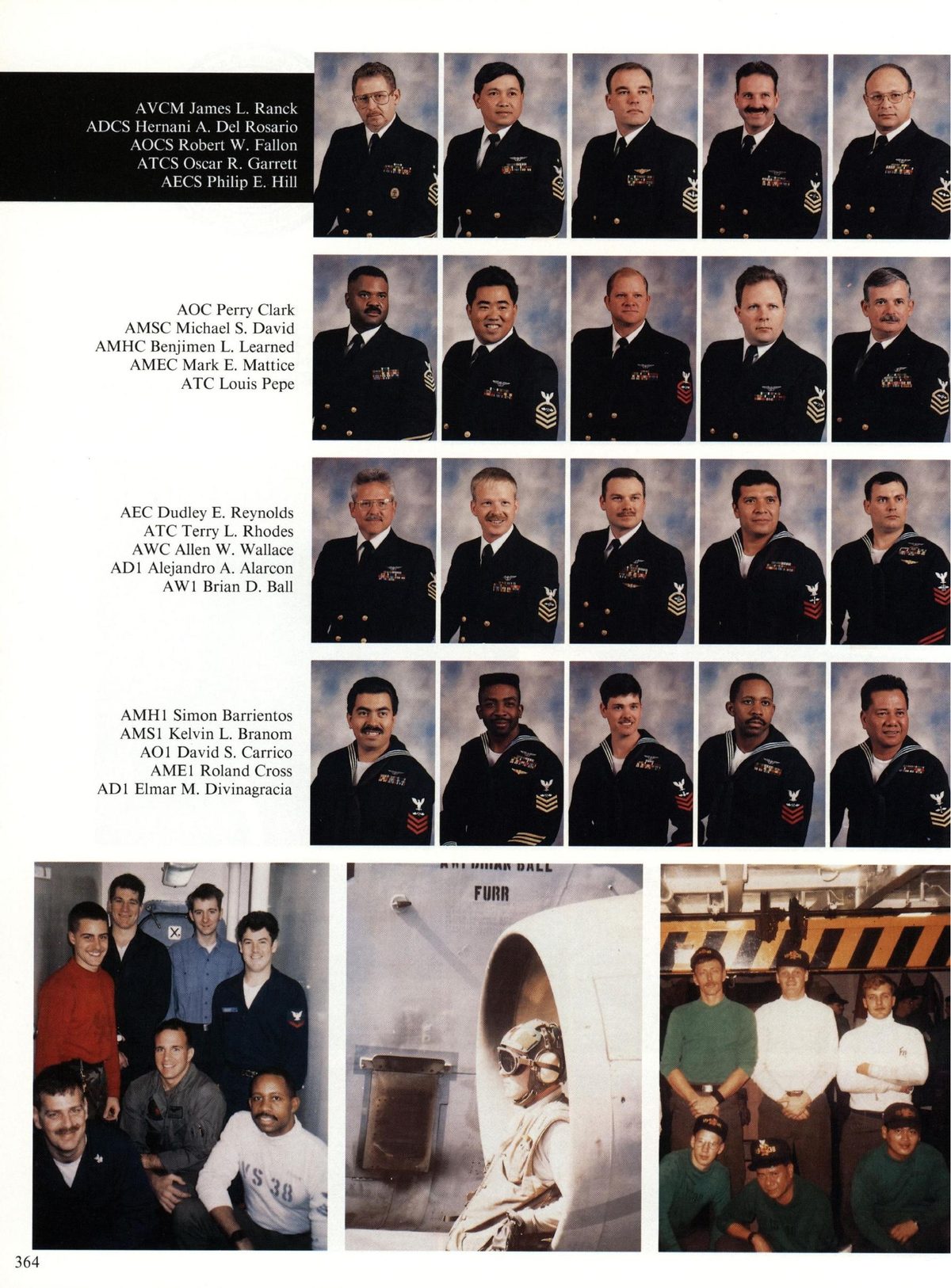 USS Constellation 1994–95 cruise book, page 335 (Carrier Air Wing Two (CVW-2)) — AVCM James L. Ranck t I AECS Philip E. Hil AOC Perry Clark AMSC Michael 8. David AMHC Benjimen…