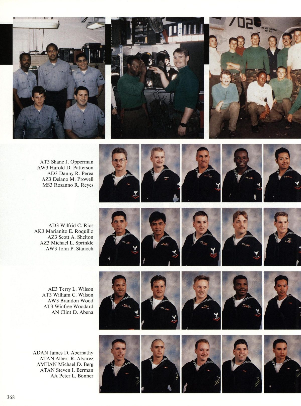 USS Constellation 1994–95 cruise book, page 339 (Carrier Air Wing Two (CVW-2)) — AT3 Shane J. Opperman AW3 Harold D. Patterson AD3 Danny R. Perea AZ3 Delano M. Prowell MS3…