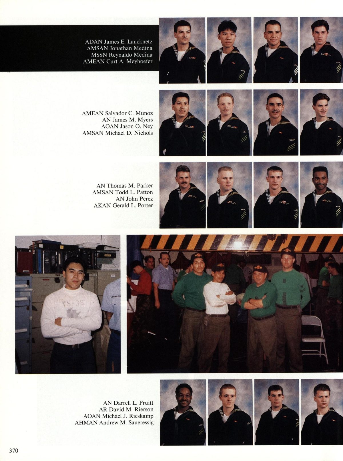 USS Constellation 1994–95 cruise book, page 341 (Carrier Air Wing Two (CVW-2)) — ADAN James E. Laucknetz AMSAN Jonathan Medina MSSN Reynaldo Medina AMEAN Curt A. Meyhoefer…