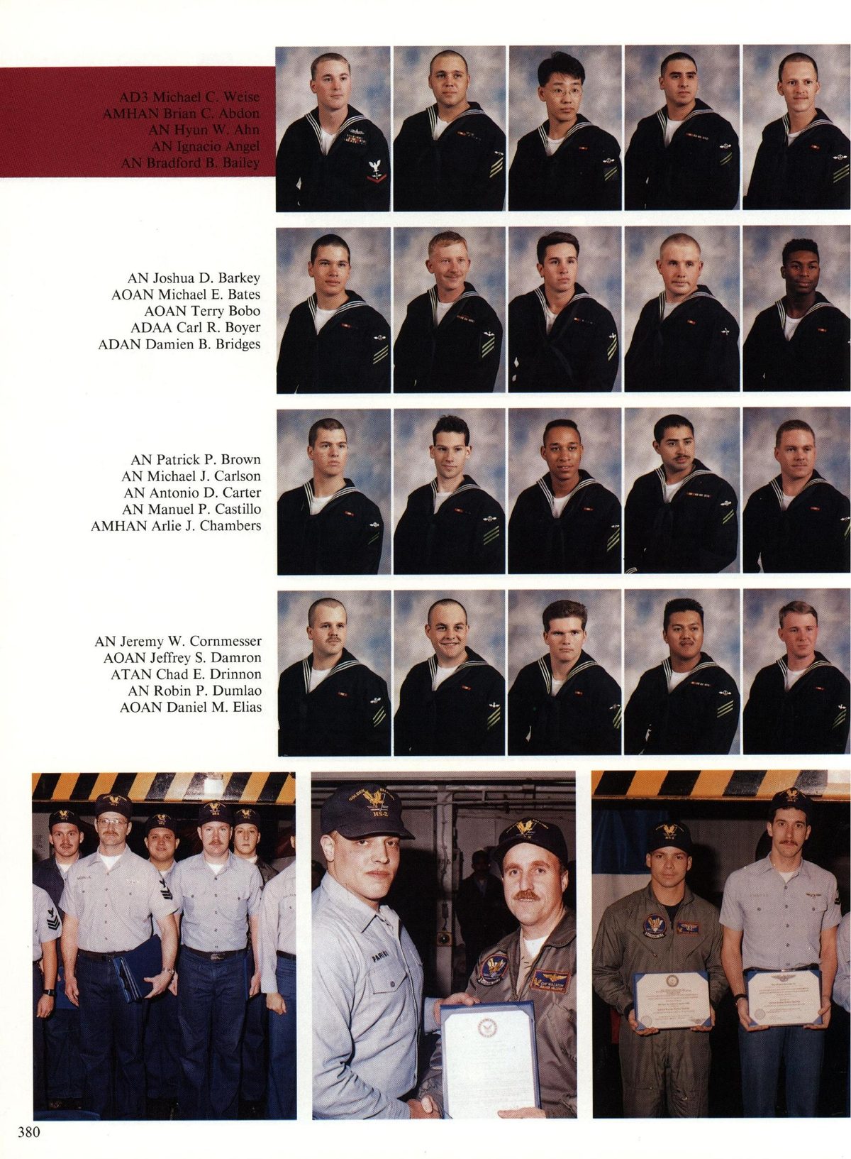 USS Constellation 1994–95 cruise book, page 350 (Carrier Air Wing Two (CVW-2)) — AN Joshua D. Barkey AOAN Michael E. Bates AOAN Terry Bobo ADAA Carl R. Boyer ADAN Damien B…