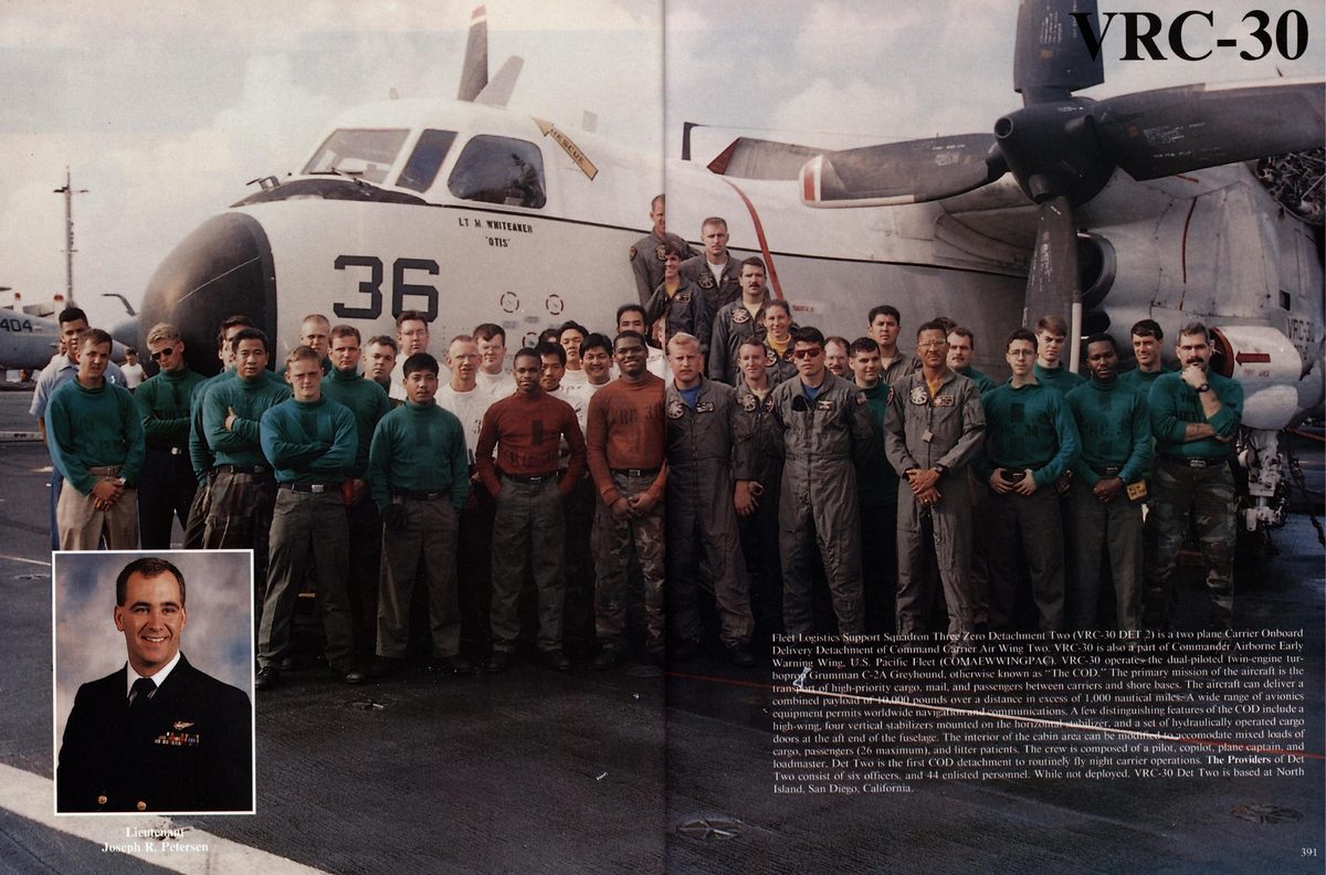 USS Constellation 1994–95 cruise book, page 359 (Carrier Air Wing Two (CVW-2)) — re UM WHTEaKER ‘ons: Fleet Logistics Support Sqa’tdron Thee Zero Detachment Two (VRC-30 DET 2)…