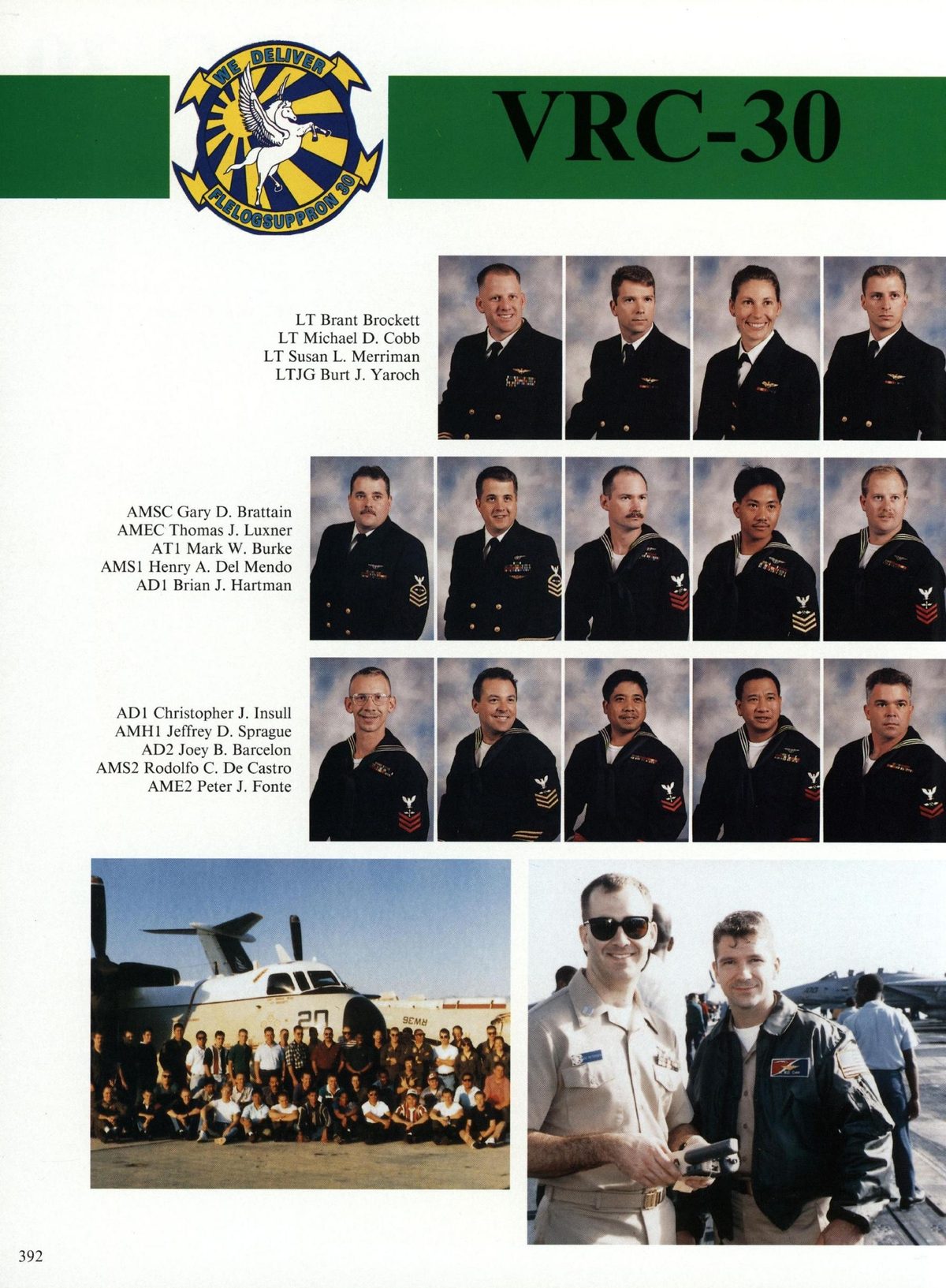 USS Constellation 1994–95 cruise book, page 360 (Carrier Air Wing Two (CVW-2)) — LT Brant Brockett LT Michael D. Cobb LT Susan L. Merriman LTJG Burt J. Yaroch AMSC Gary D…