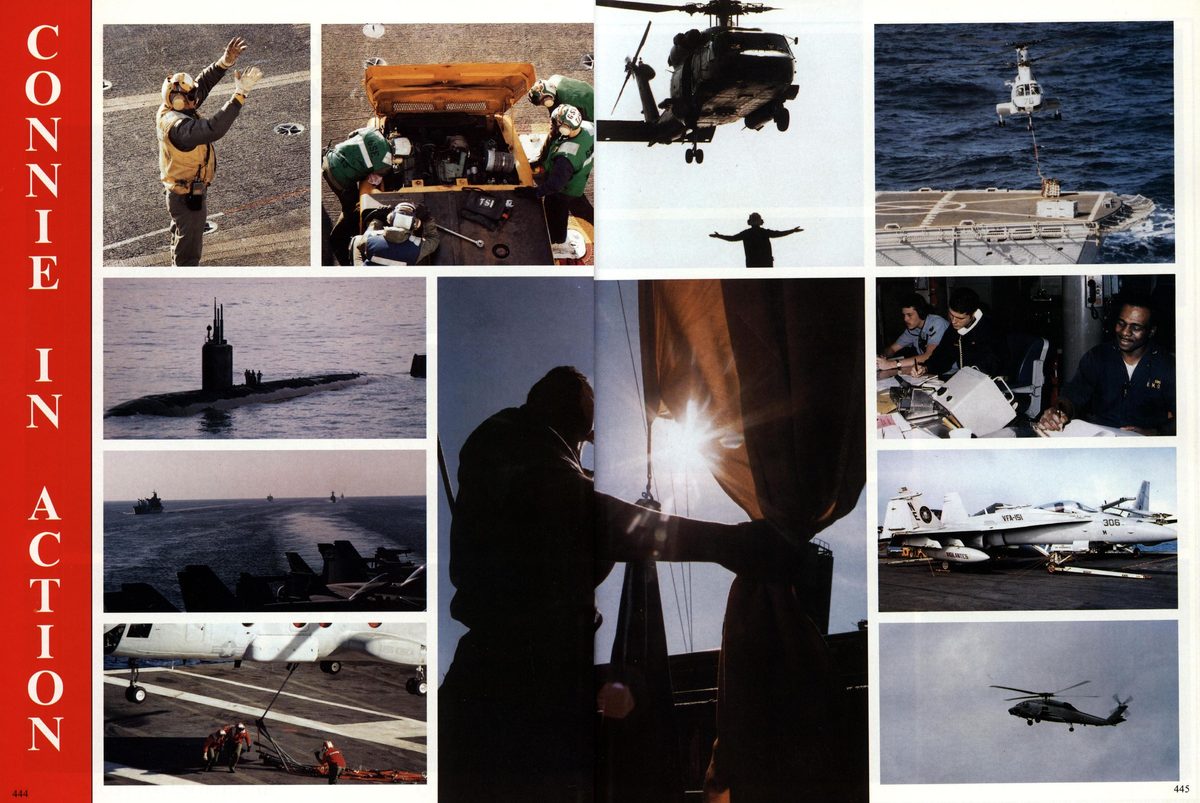 USS Constellation 1994–95 cruise book, page 402 — Connie in Action: photographs and page layout, no machine-readable text